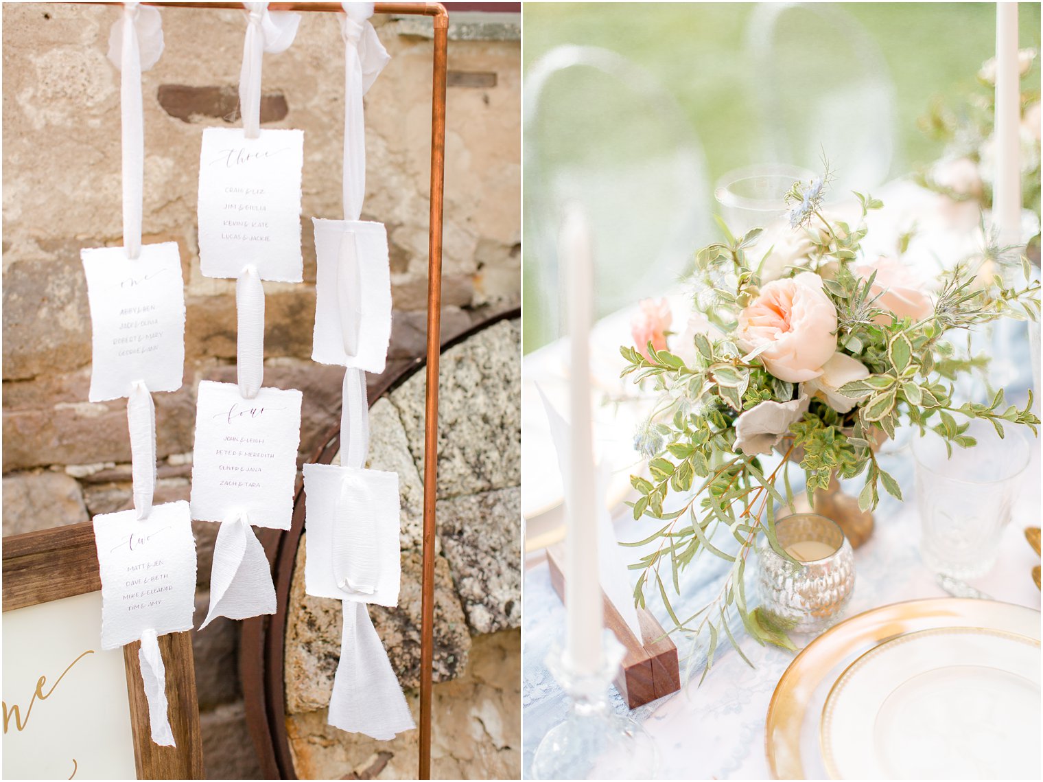 hanging escort cards and peach and gold centerpieces photographed by Idalia Photography