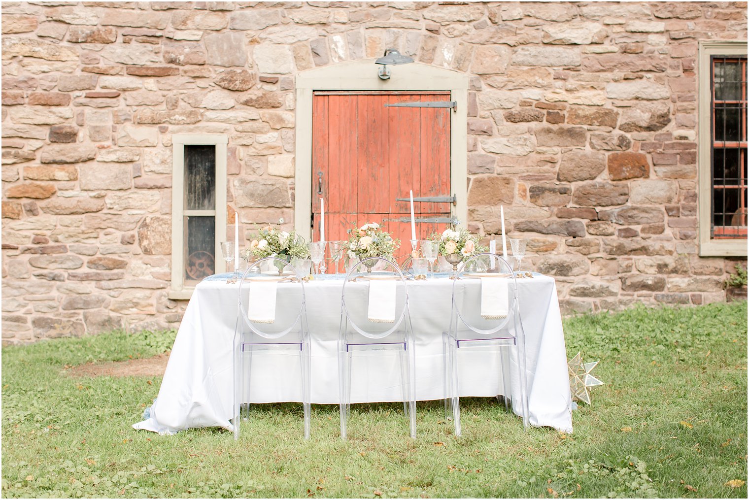 outdoor reception details at Prallsville Mills photographed by Idalia Photography