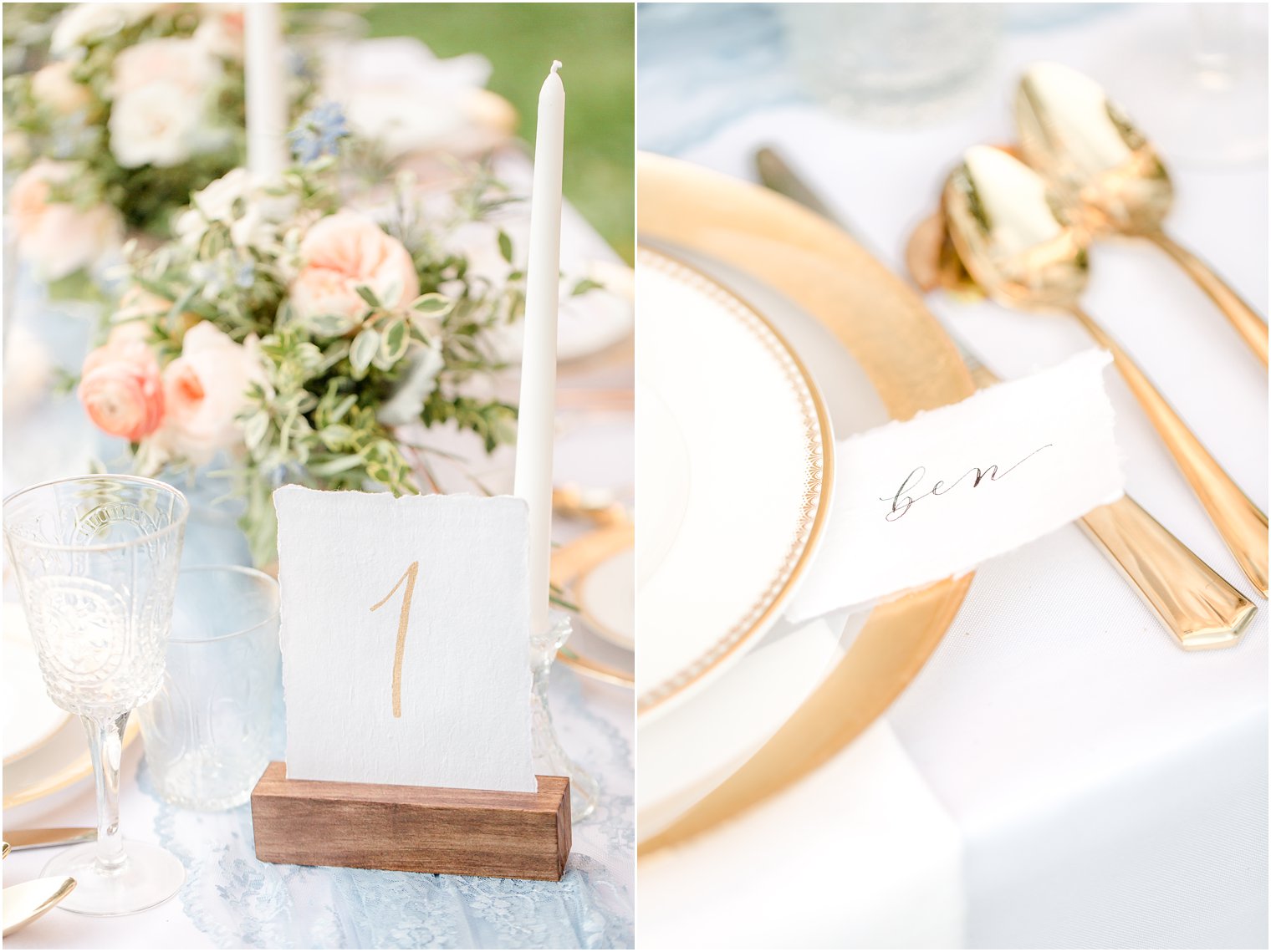 elegant peach and gold wedding reception details photographed by Stockton NJ wedding photographer Idalia Photography