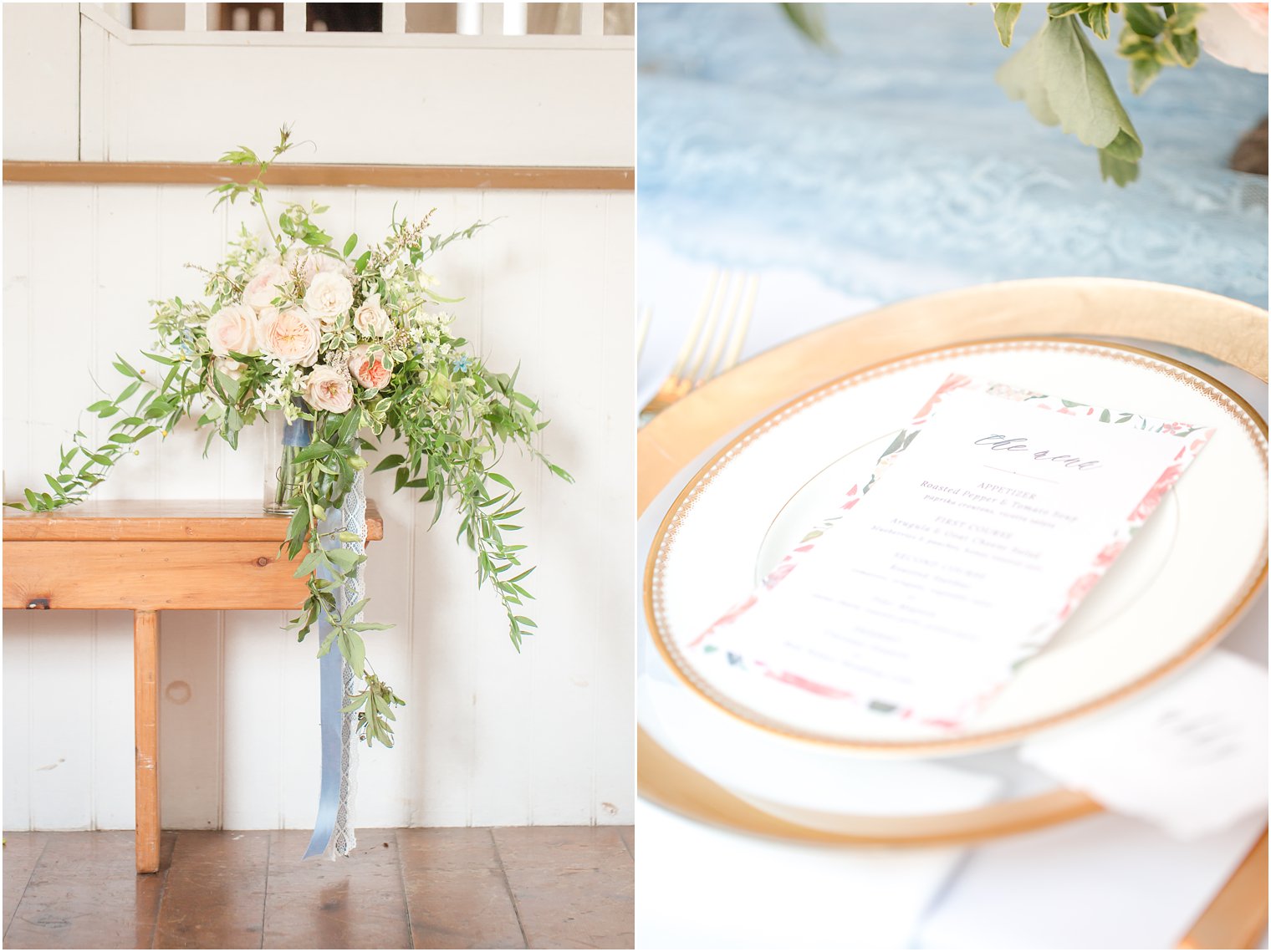 peach and gold reception decor for Prallsville Mills Wedding Editorial photographed by Idalia Photography