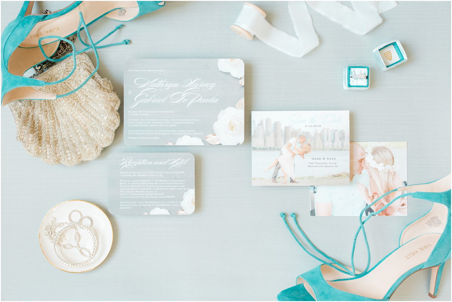 Wedding invitation flatlay with turquoise styling board and turquoise Nine West shoes