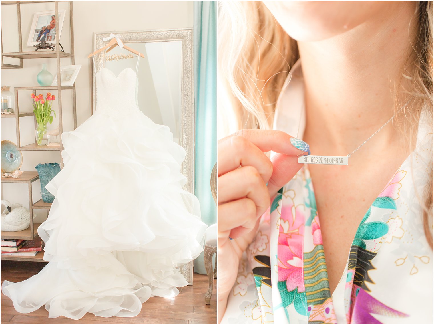wedding dress with ruffles hanging on a mirror