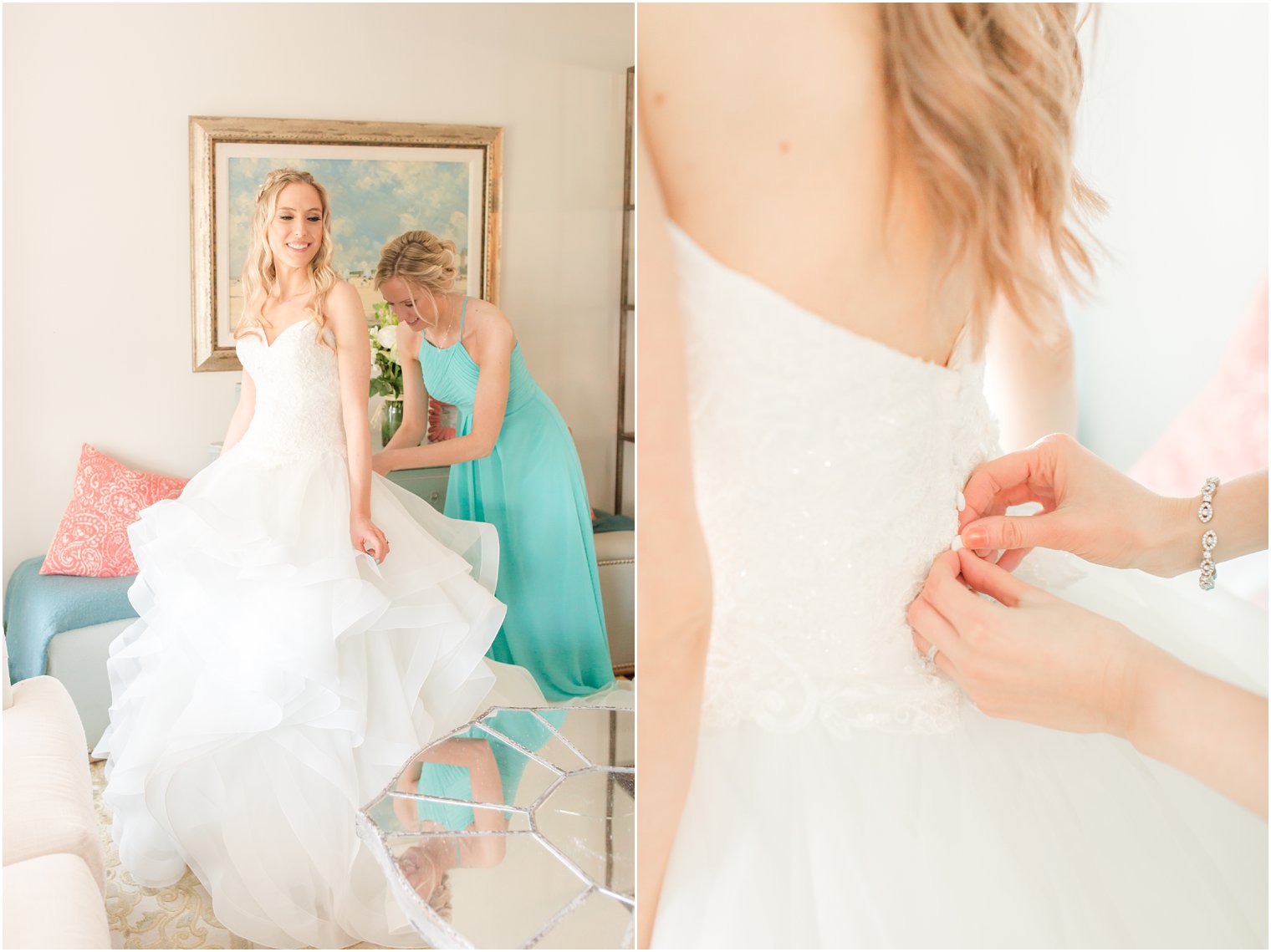 bride getting dressed with her sister