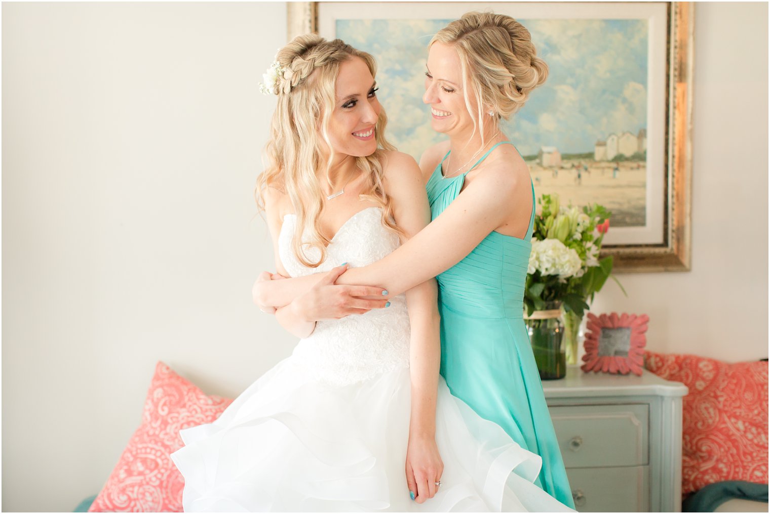 Bride and sister on wedding morning