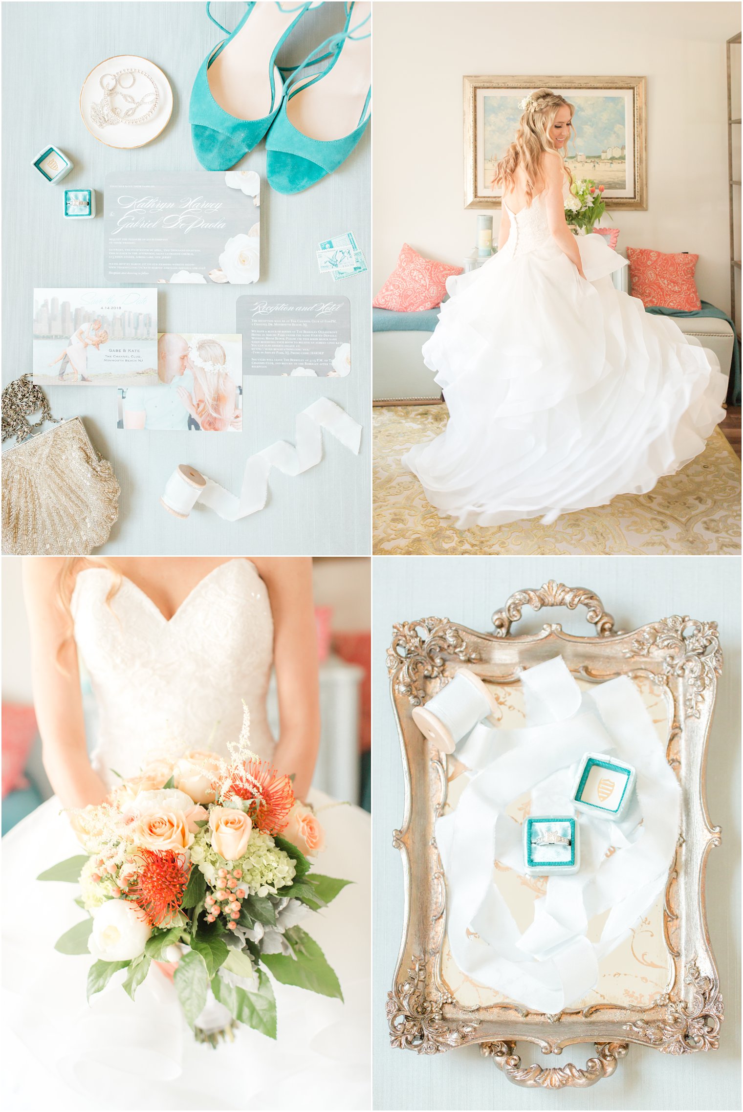 bride twirling in her dress and bridal details on light blue flatlay