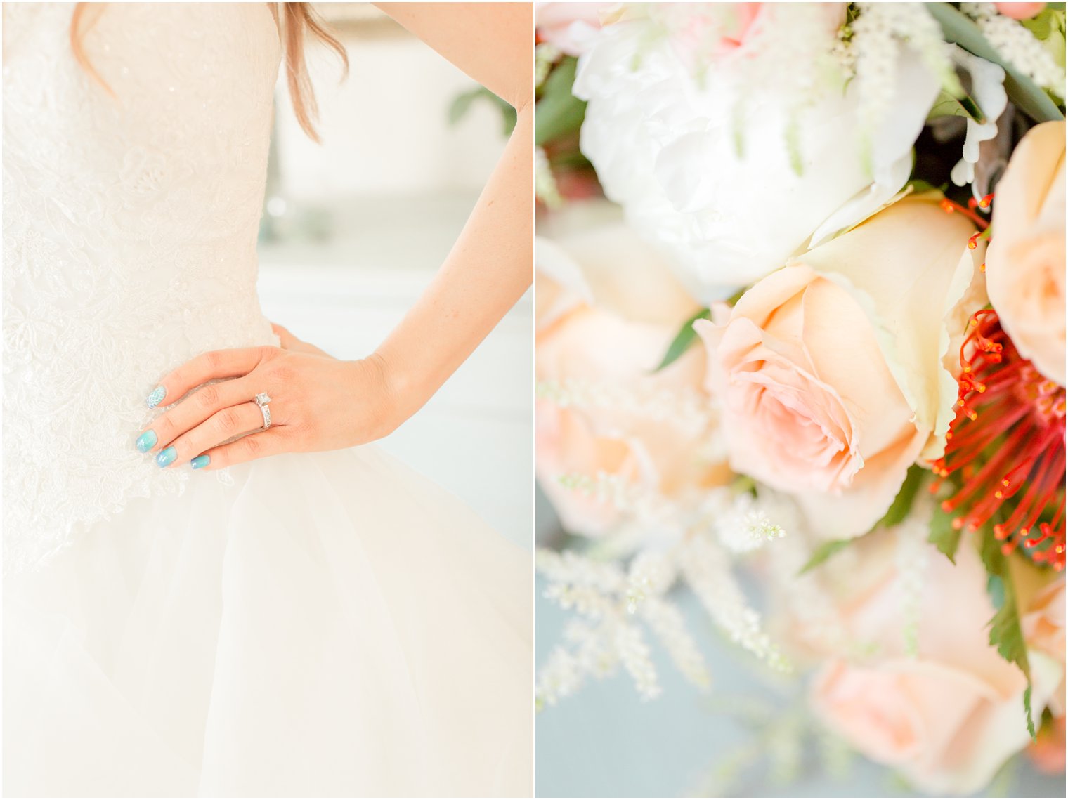 bride's engagement ring and bouquet