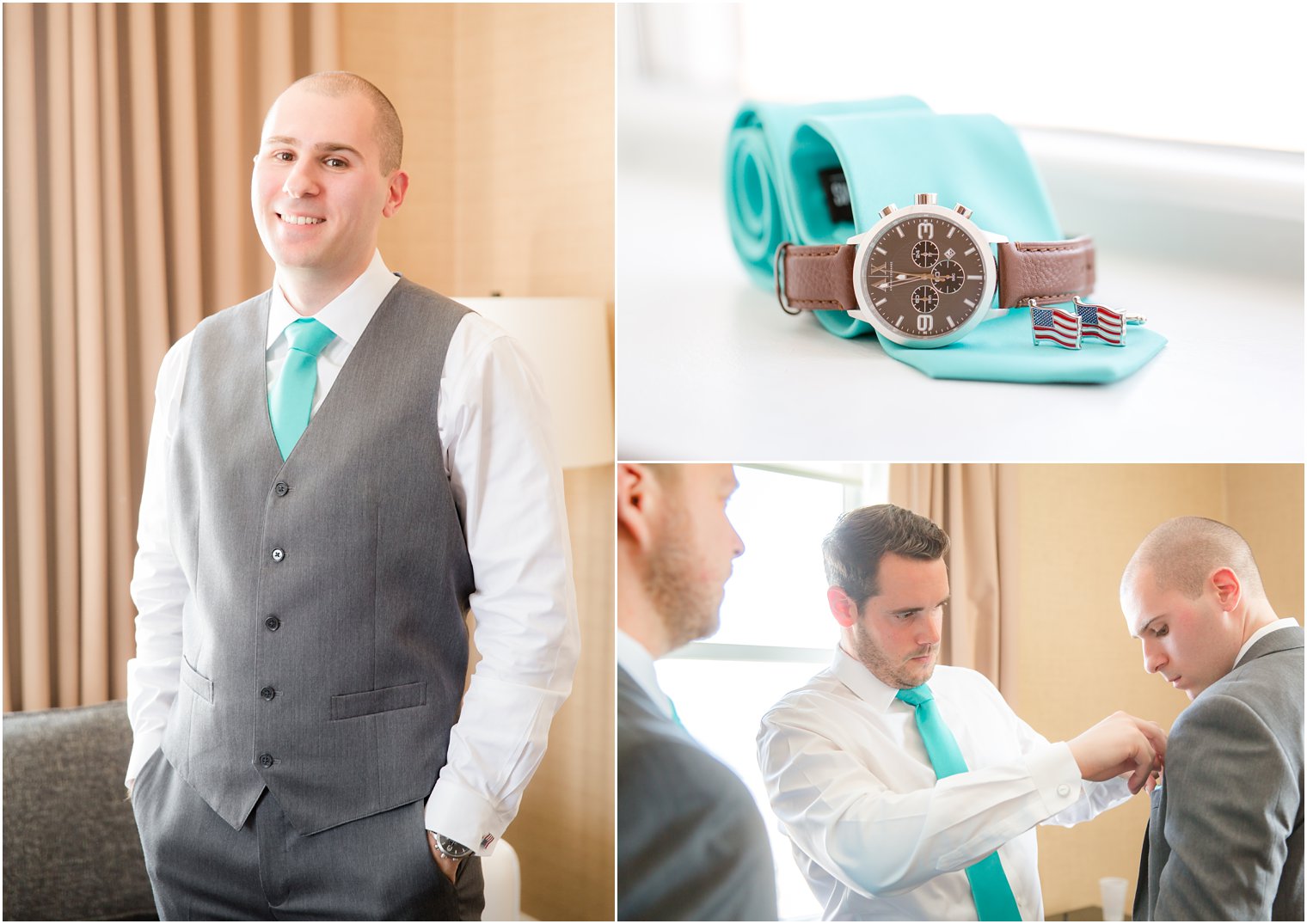 groom and groomsmen wearing teal accents