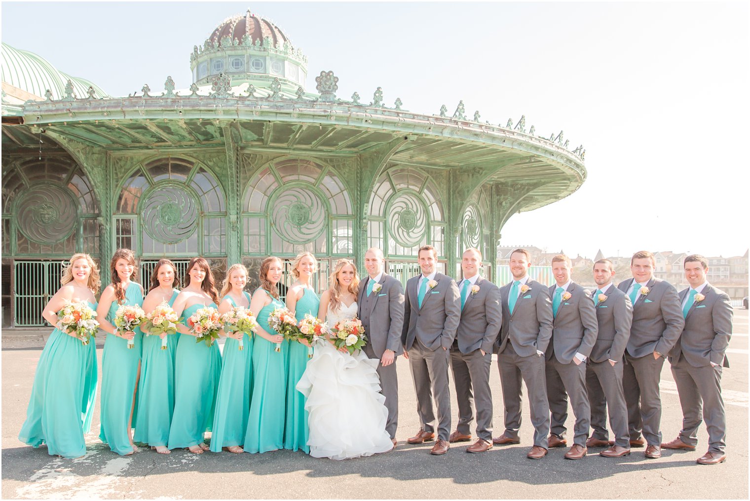 Bridal party photo with turquoise and gray color palette