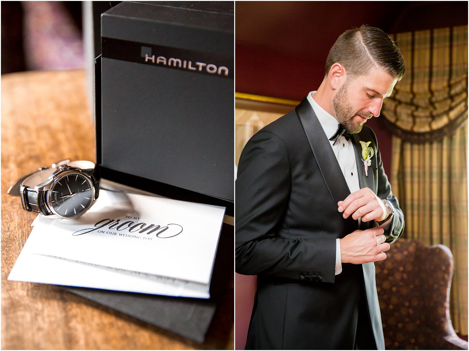 Groom getting ready with his Hamilton Watch