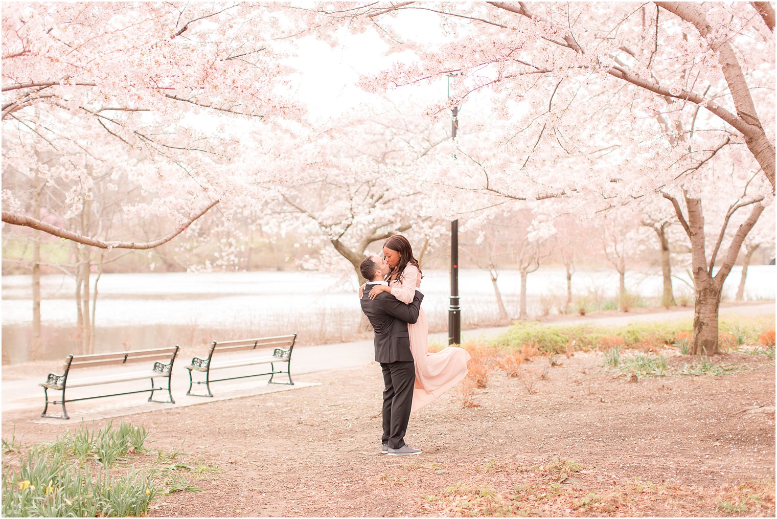 groom lifting his bride during cherry blossom engagement photos