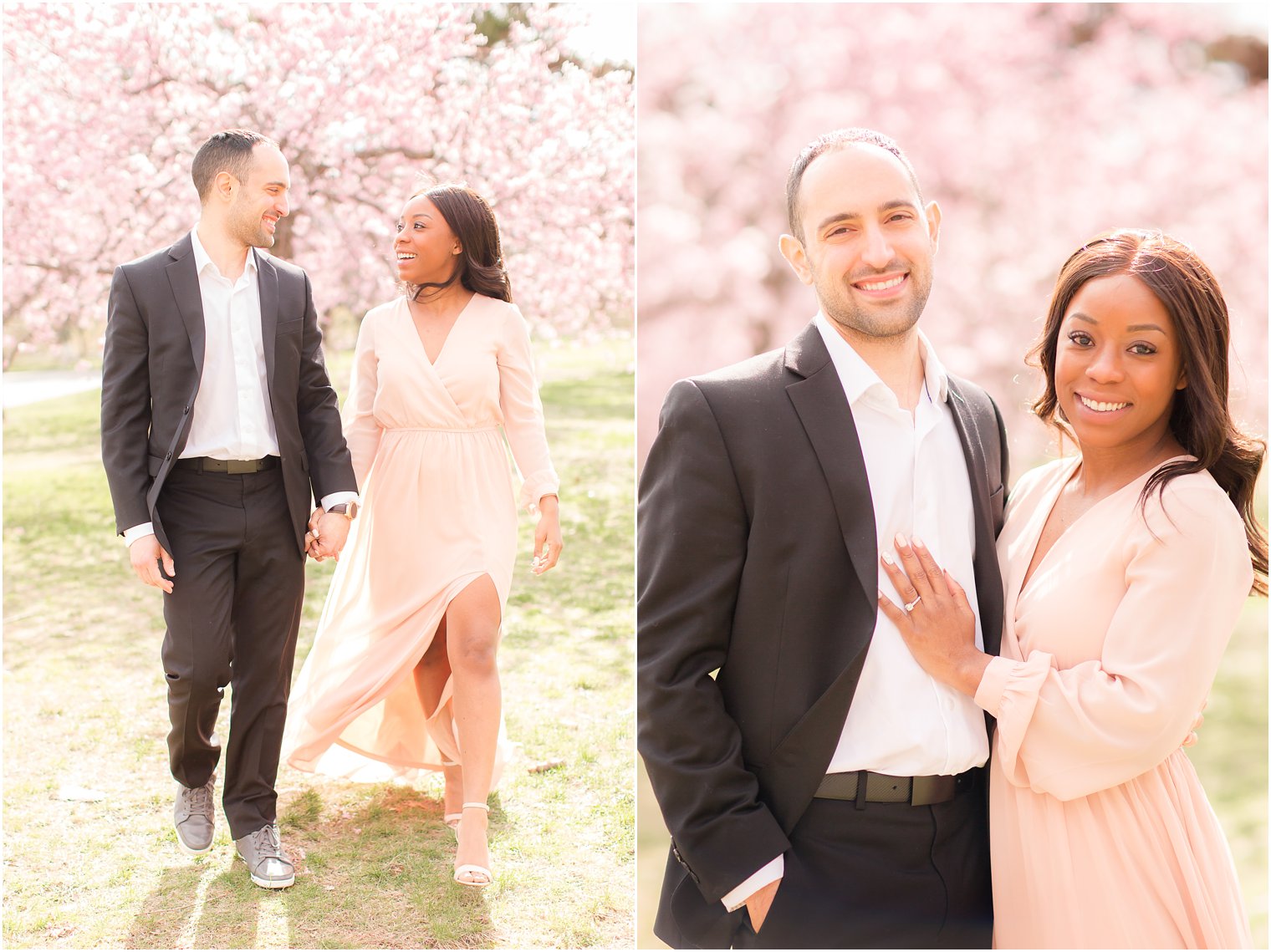 sunny engagement photos with cherry blossoms