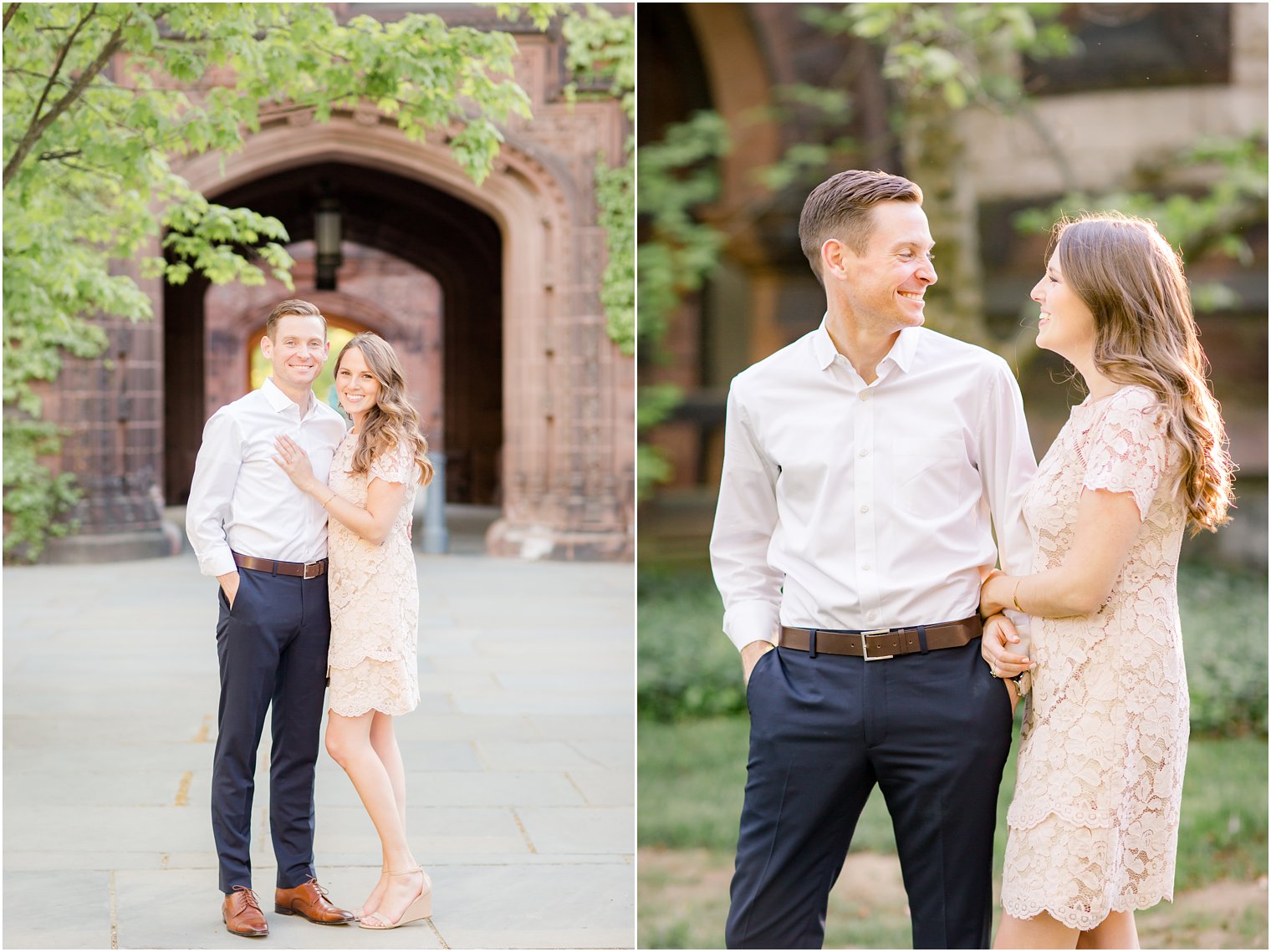 engaged couple posing for photos at Princeton University campus