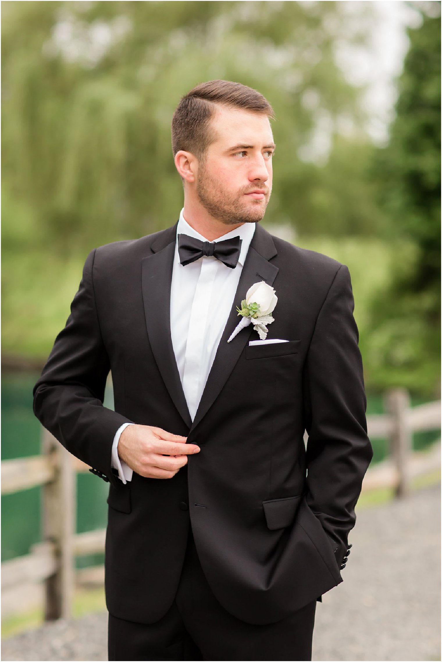 Elegant groom photo at Windows on the Water at Frogbridge