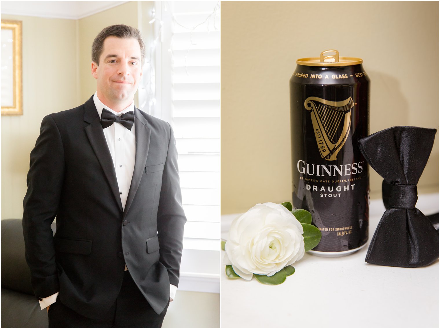 groom with irish wedding details and Guiness