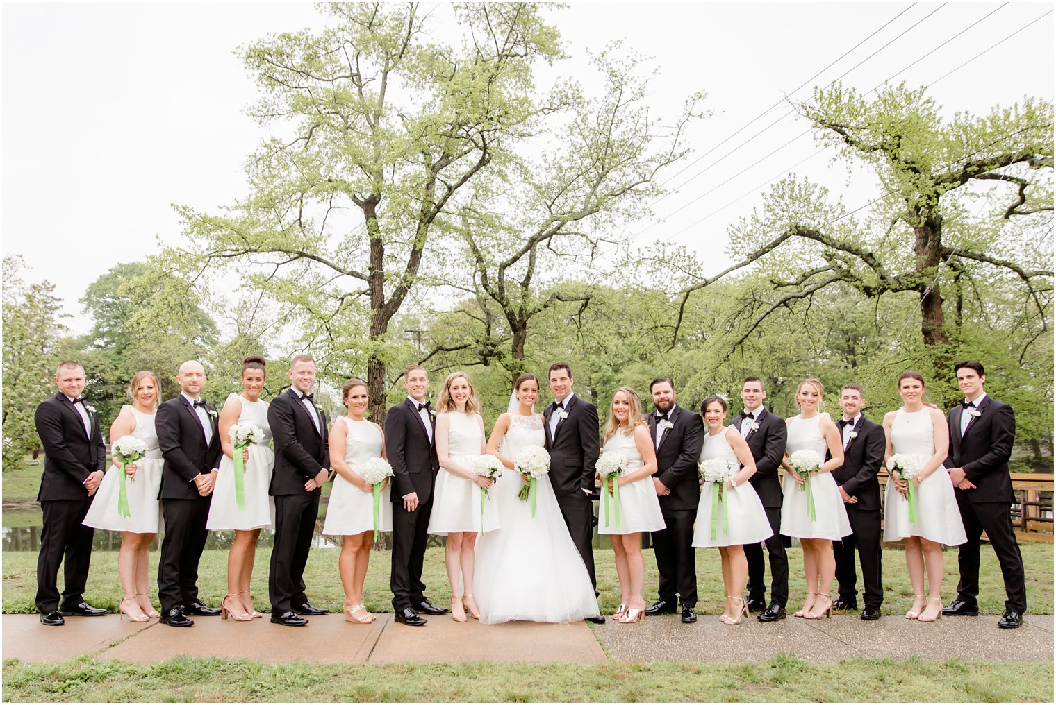 Wedding party wearing elegant white dresses and black tuxedos