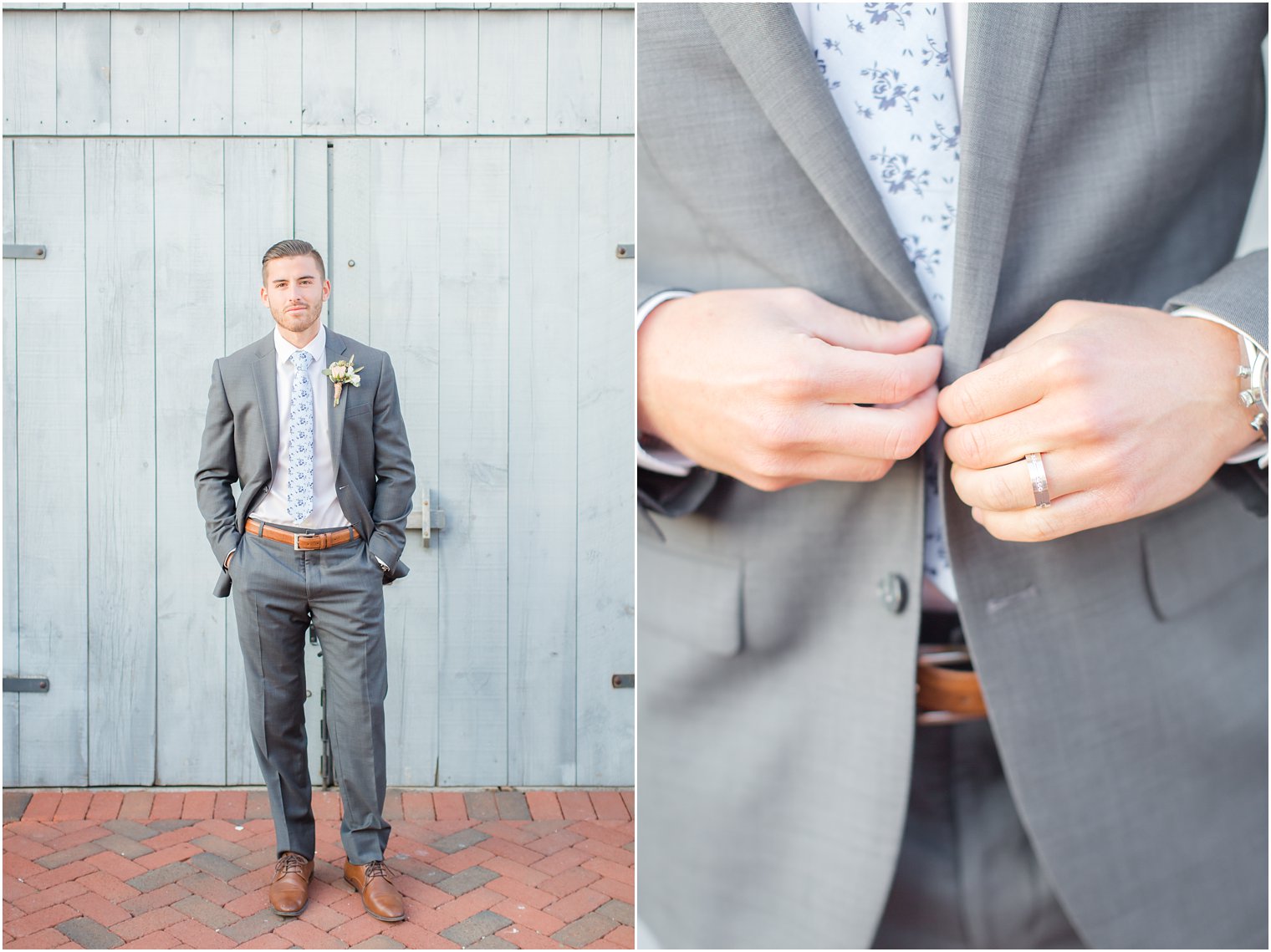 Handsome groom wearing gray suit