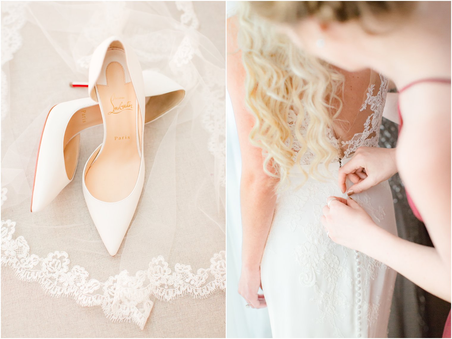 Bride's Louboutin shoes and maid of honor buttoning up dress