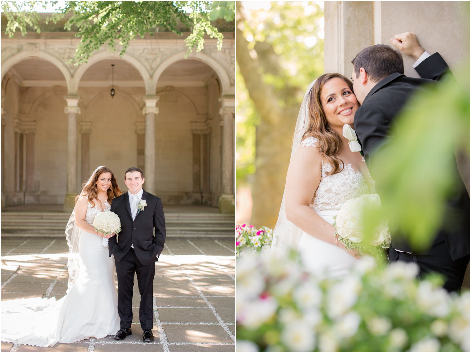 romantic bride and groom photos at Monmouth University's Wilson Hall