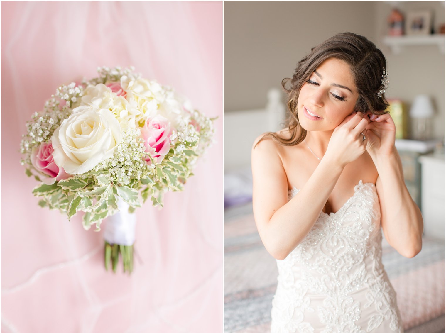 bride putting on earrings