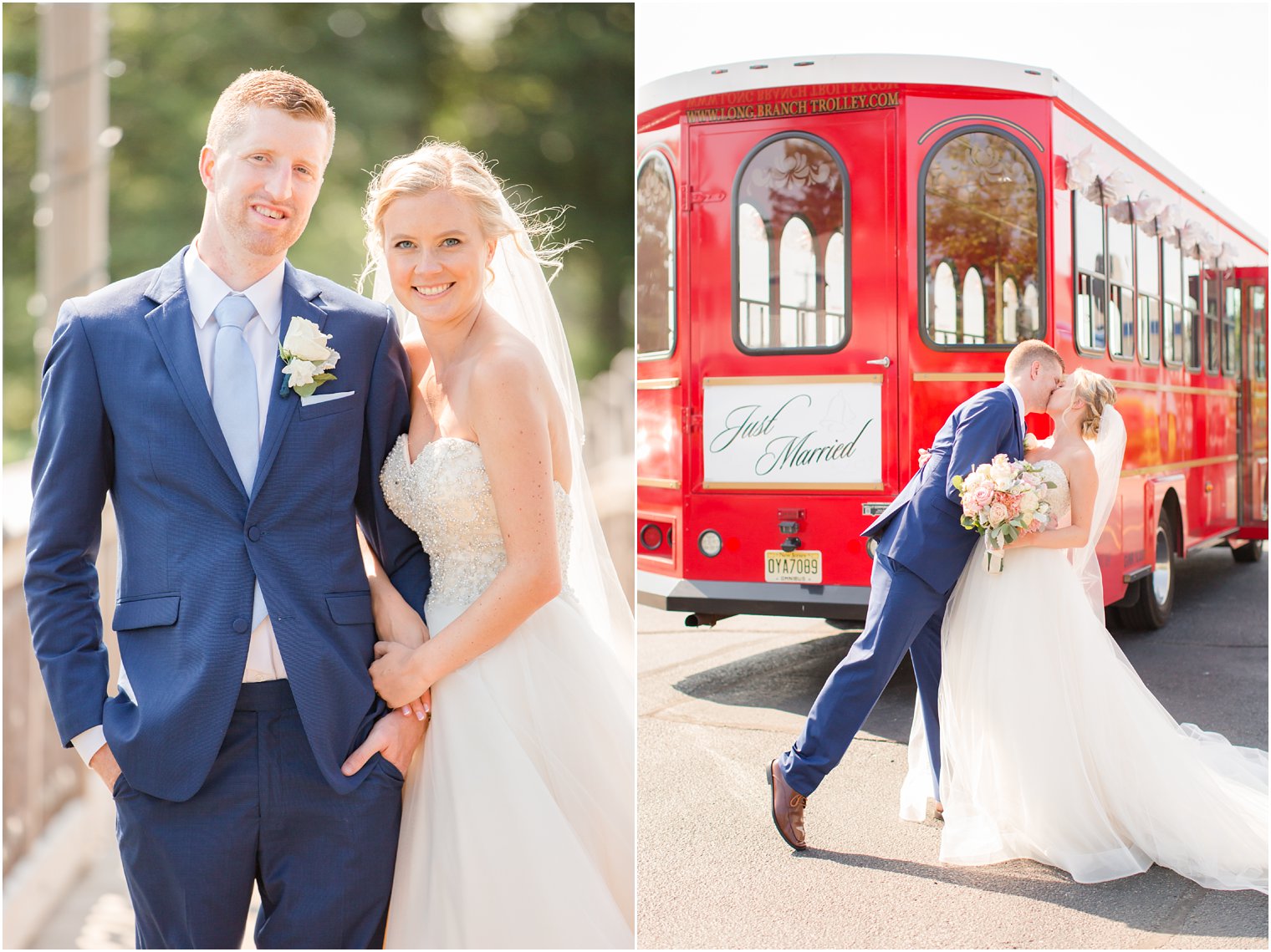 bride and groom and Long Branch Trolley