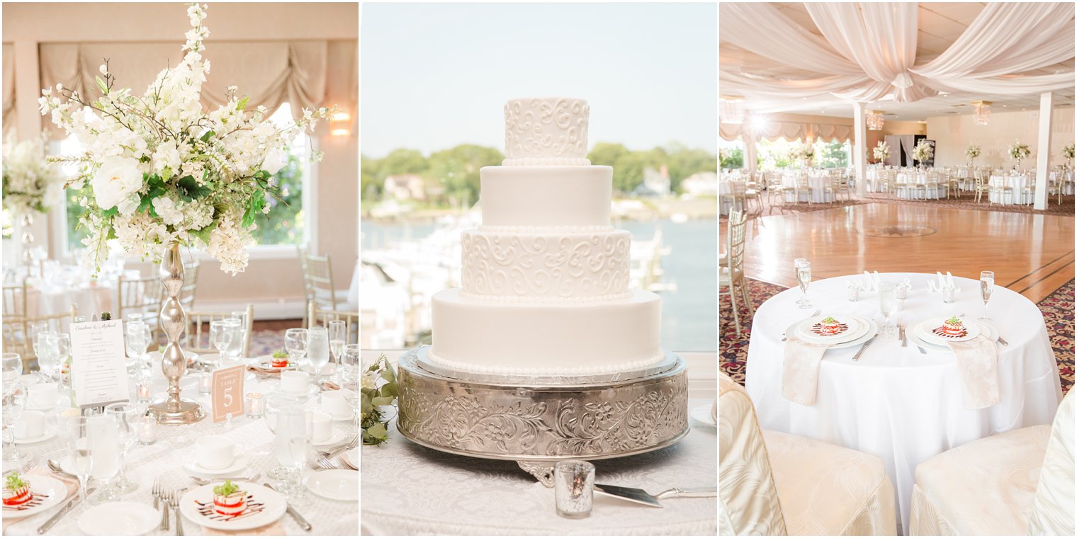 wedding cake and center pieces at Crystal Point Yacht Club