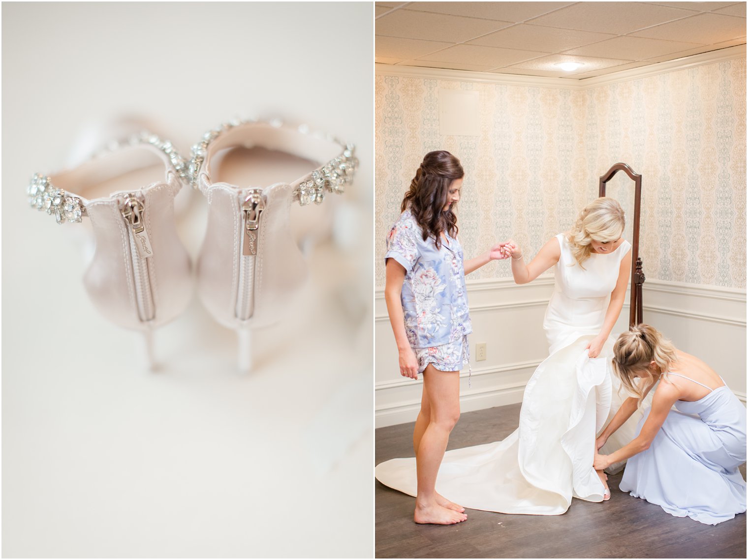 bridesmaids helping bride put on her shoes