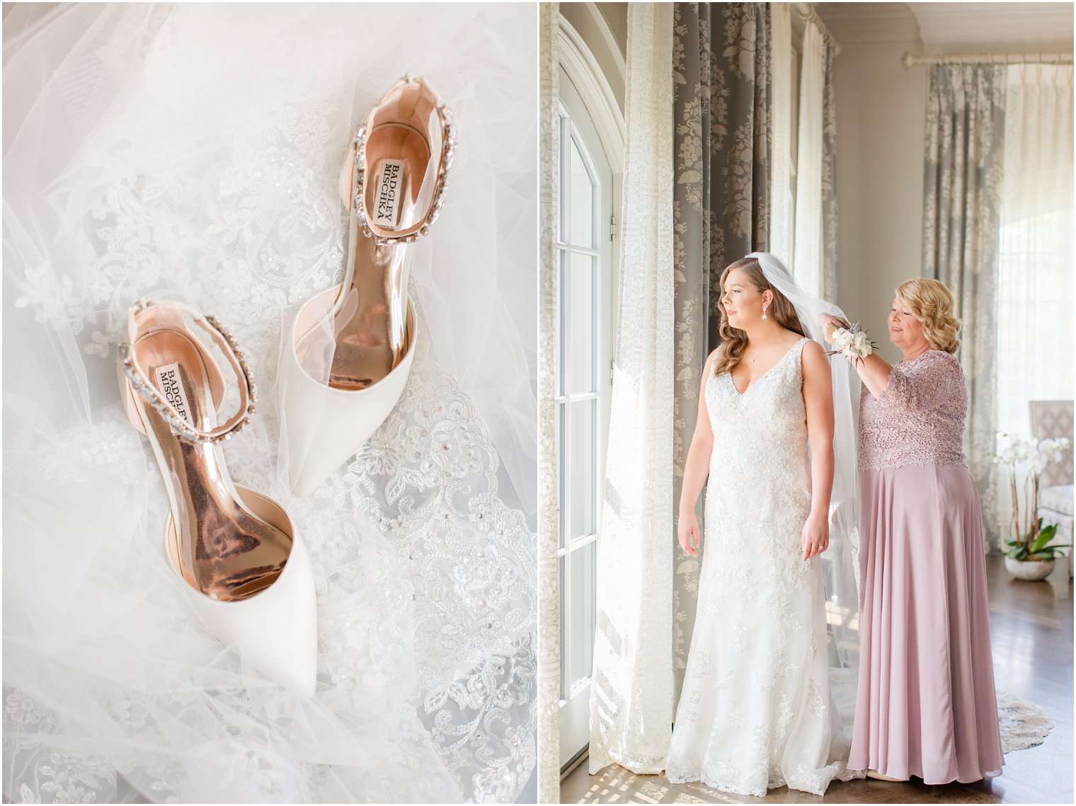 Mother of the bride putting on bride's veil