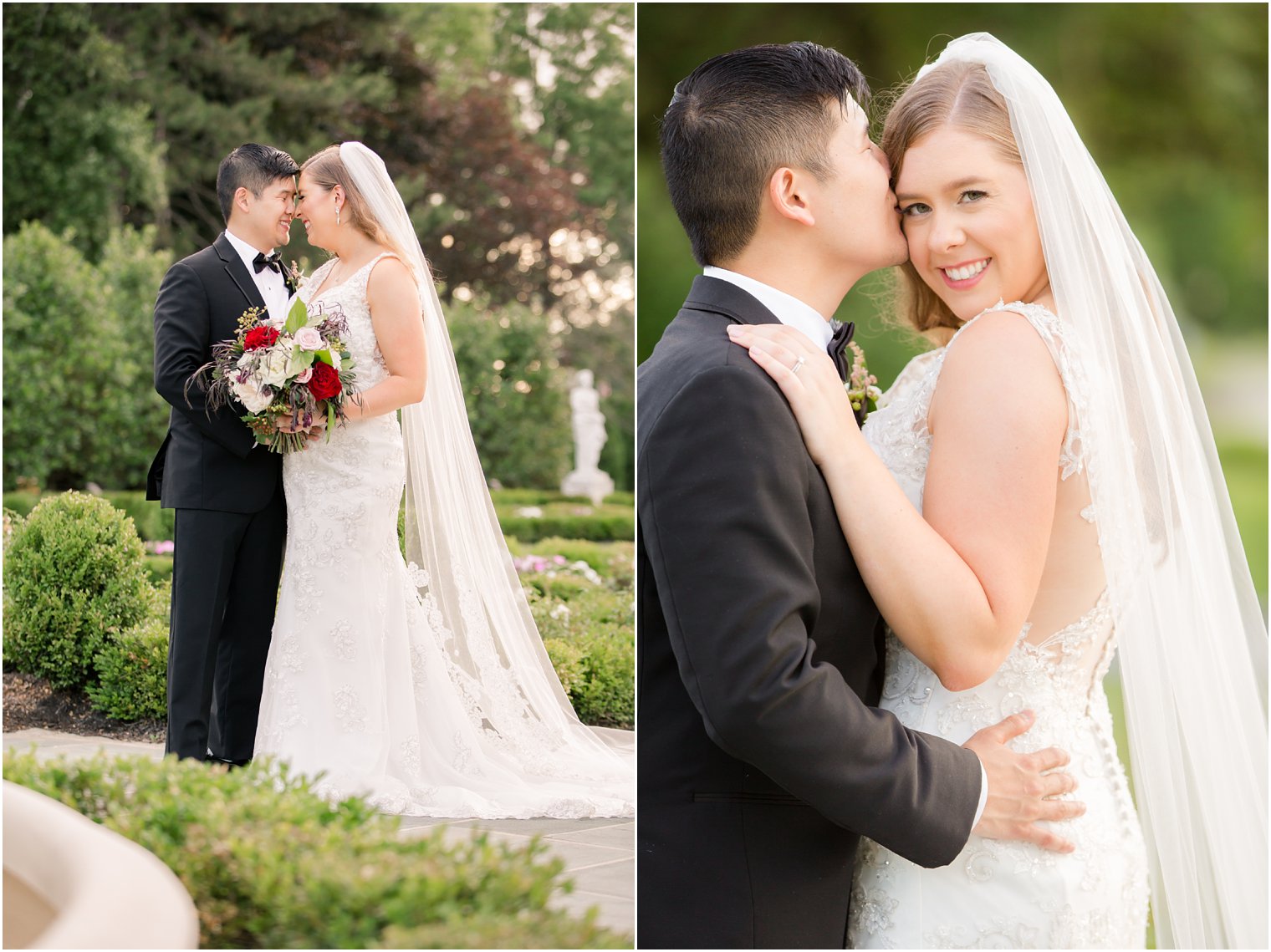 Asian groom and American bride in wedding portrait