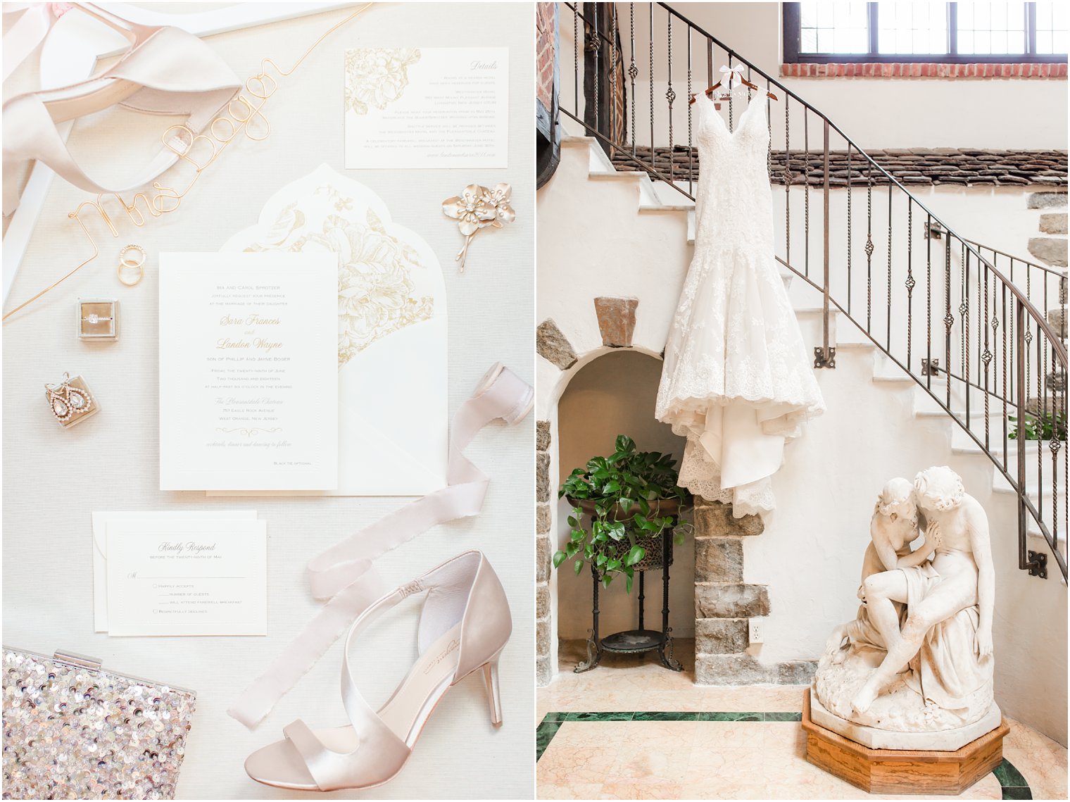 wedding invitation and dress at Pleasantdale Chateau