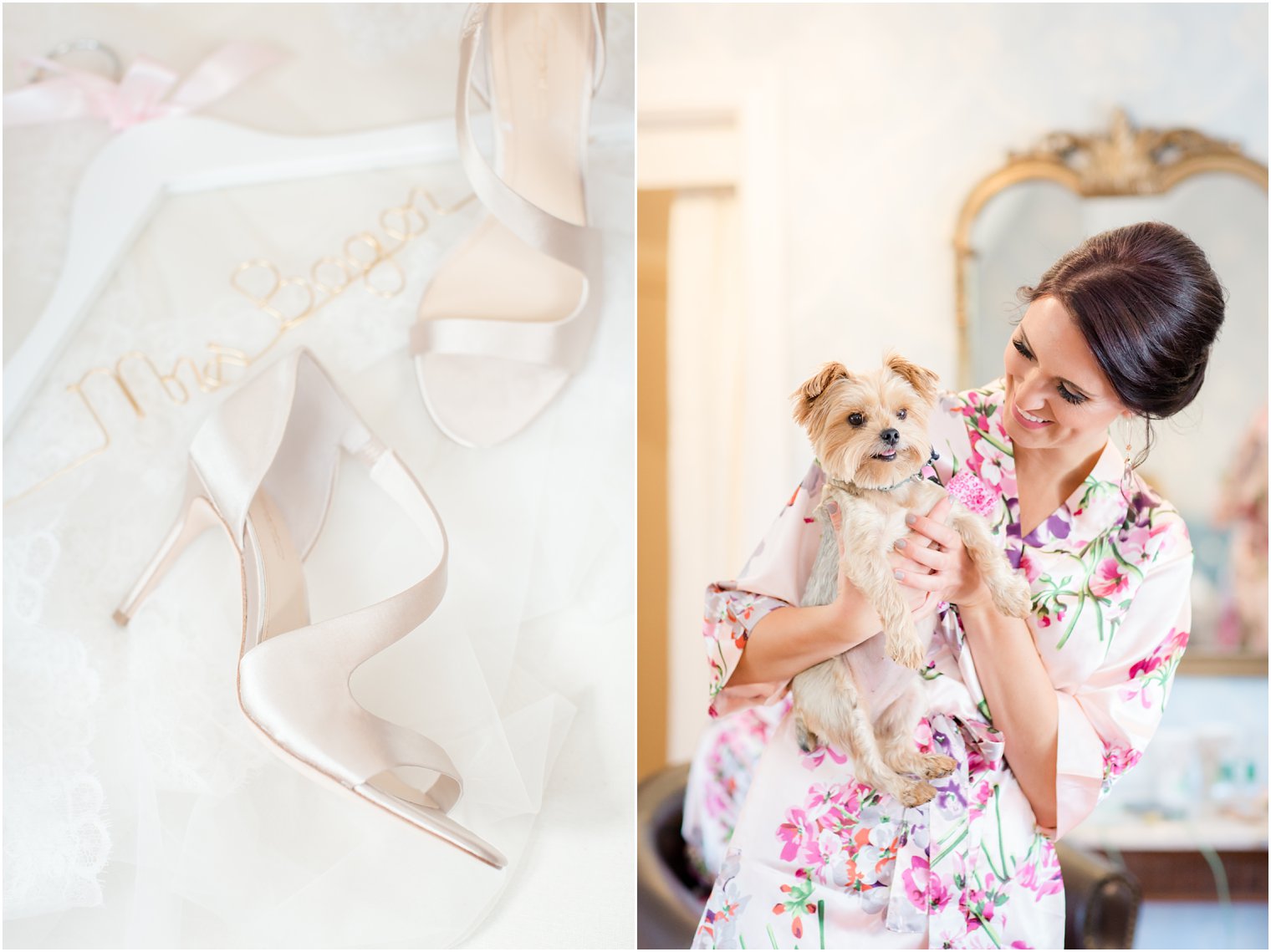 wedding shoes in champagne and bridesmaid with puppy