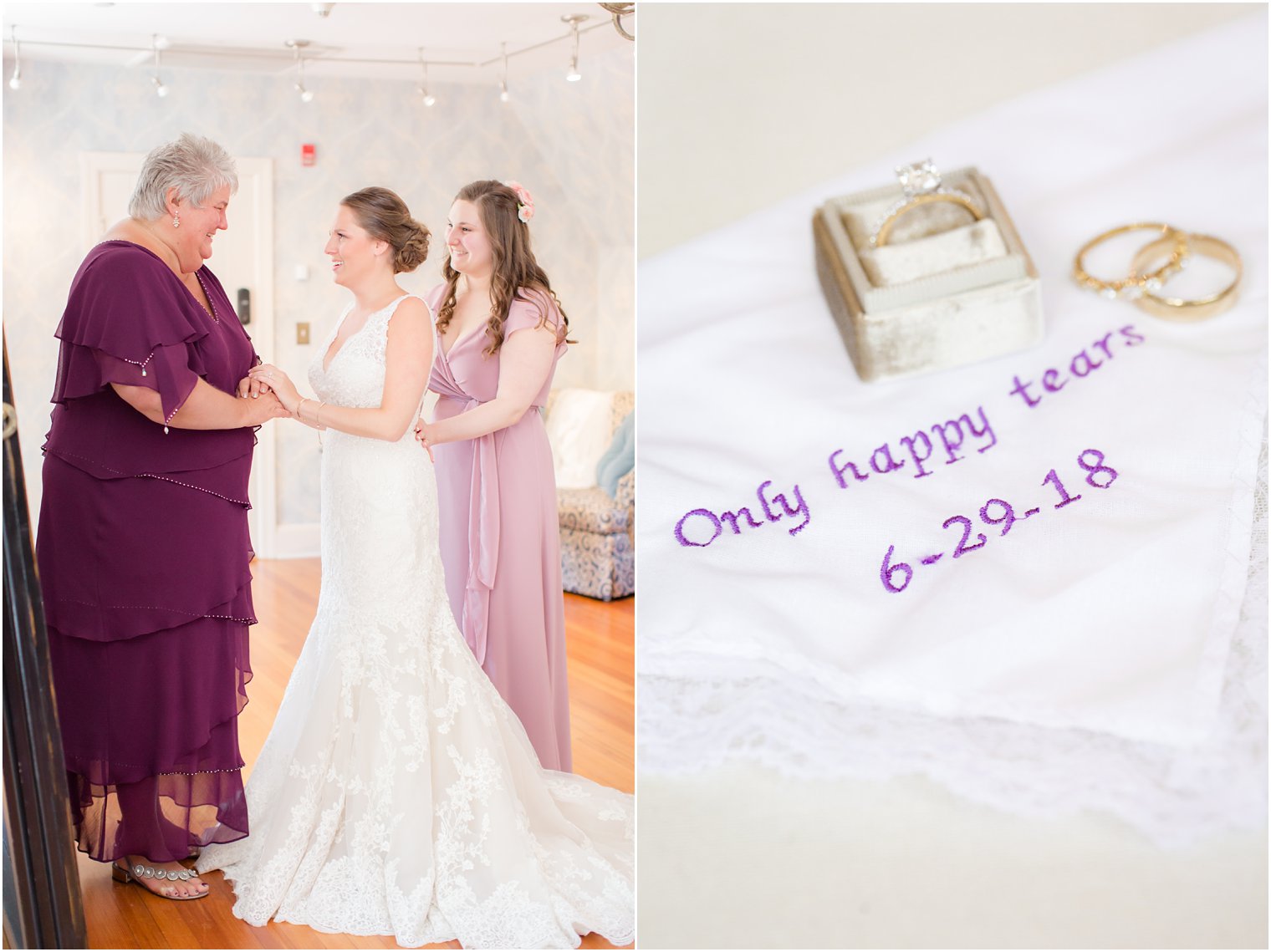 bride getting ready with bridesmaid and mother