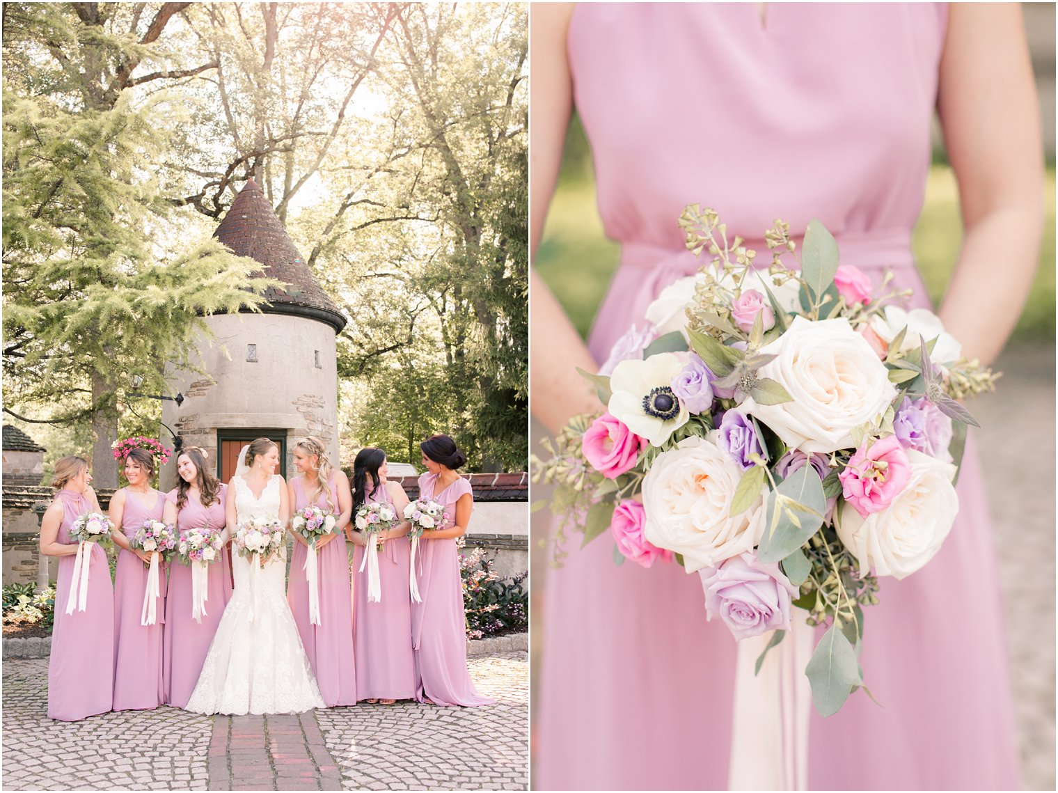 bridesmaids wearing purple dresses and holding elegant bouquets