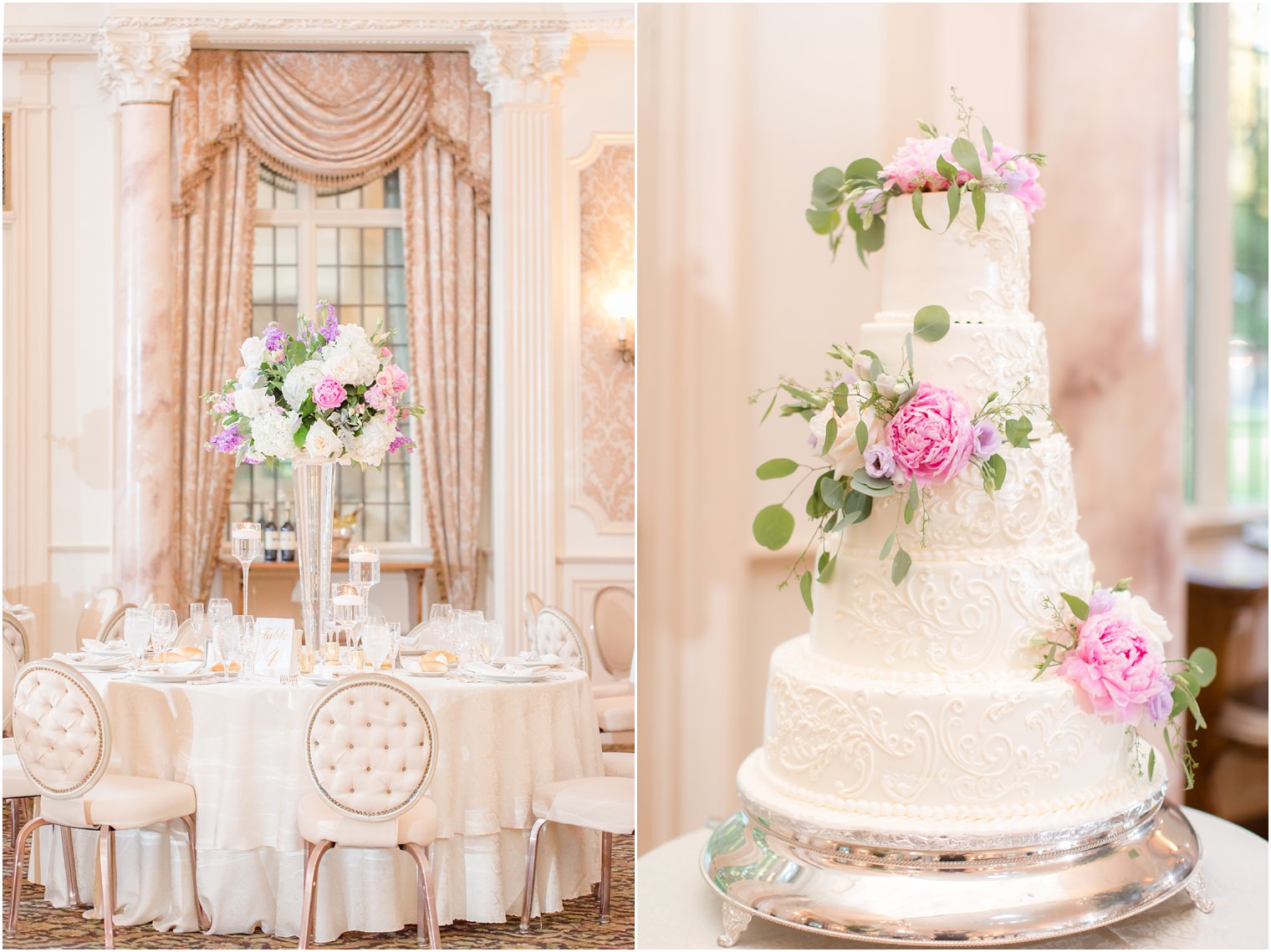 centerpieces and wedding cake at Pleasantdale Chateau