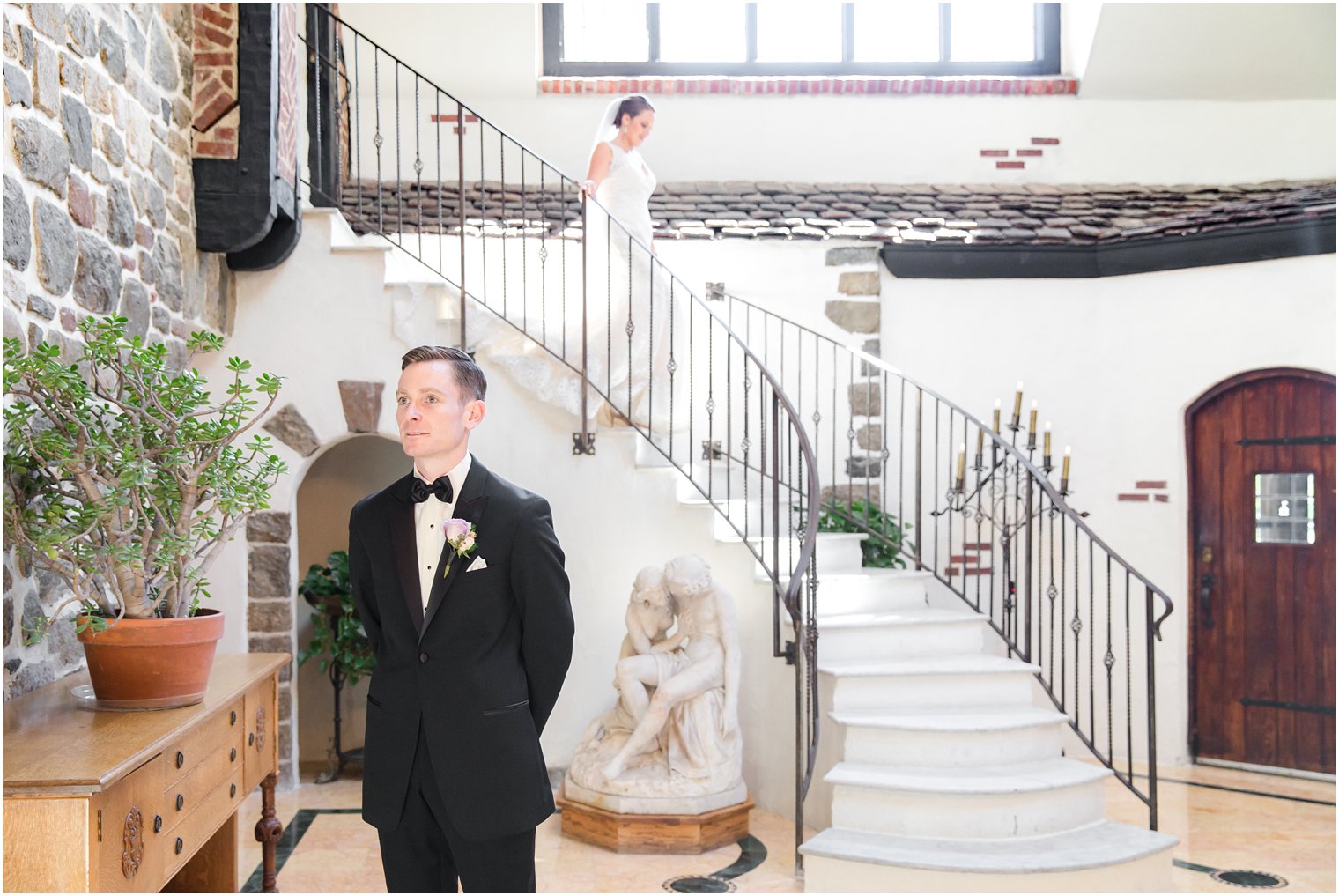 bride walking to first look with groom