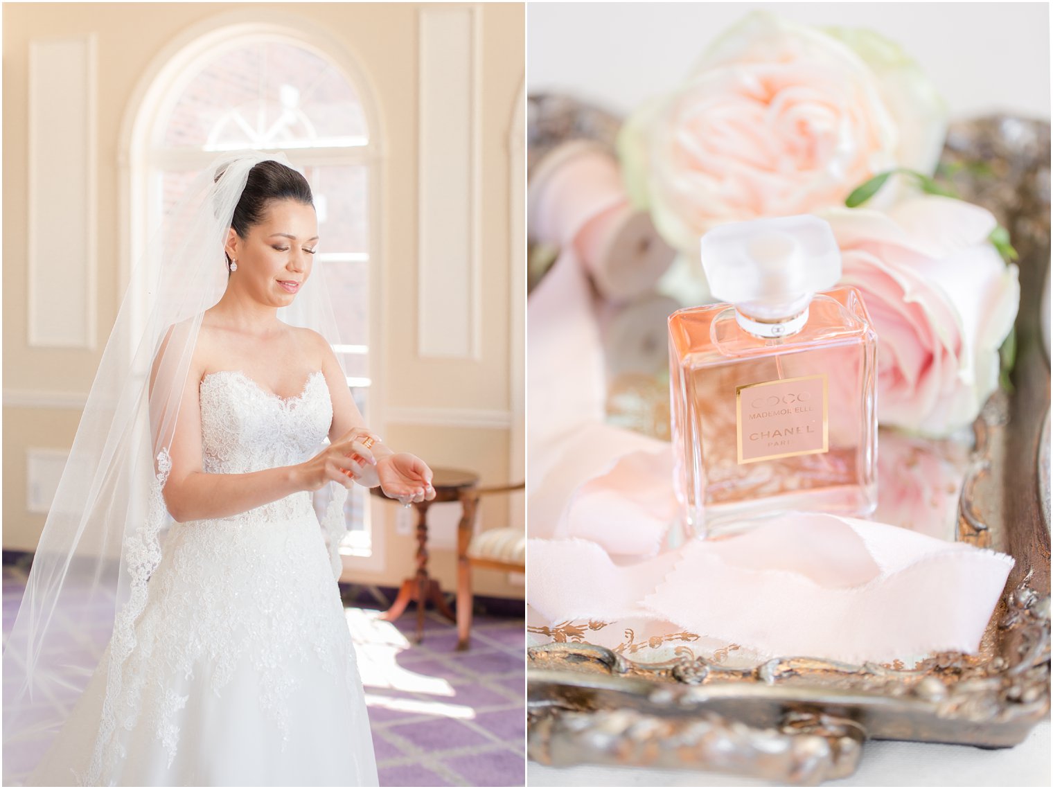 bride putting on Chanel perfume