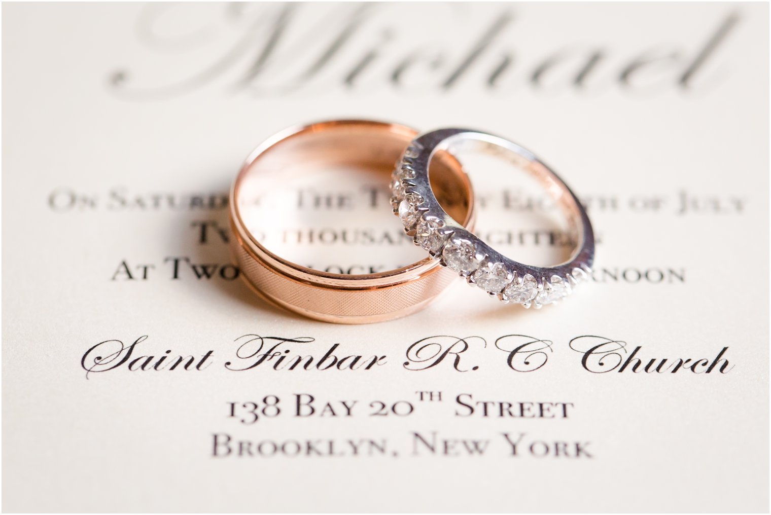 Rose gold wedding band and diamond bridal band