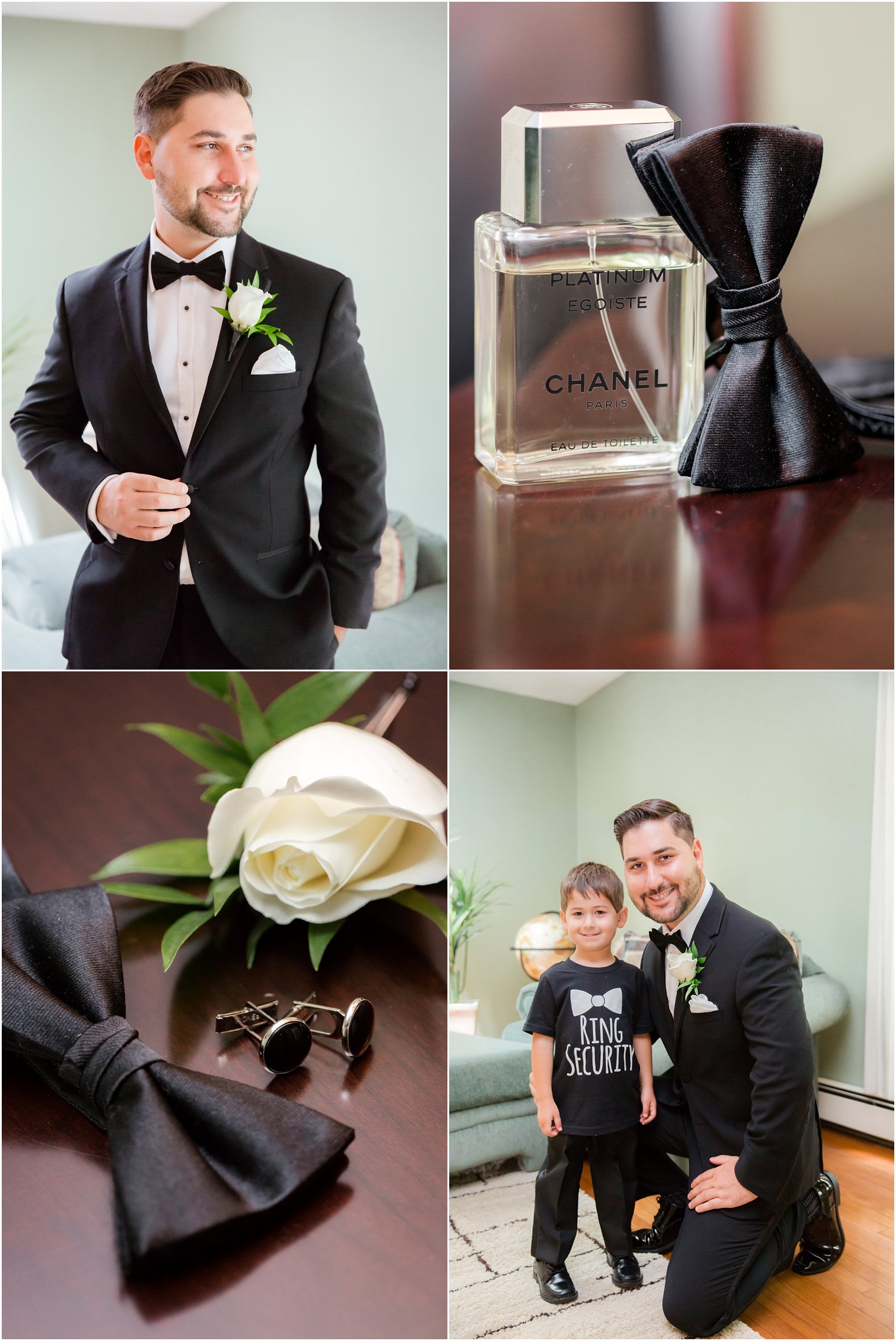 groom getting ready with ring bearer on wedding day