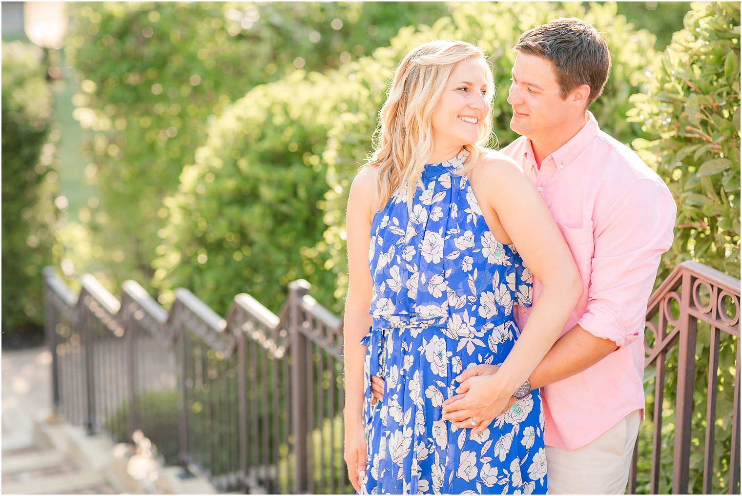 Pink and blue outfit inspiration during summer engagement session at Laurita Winery
