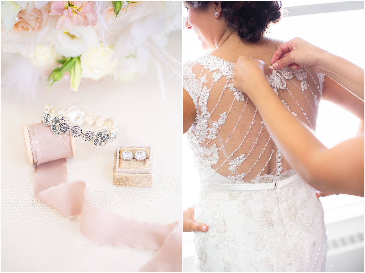 bride getting dress on with jewelry details photographed by Long Branch NJ wedding photographer Idalia Photography