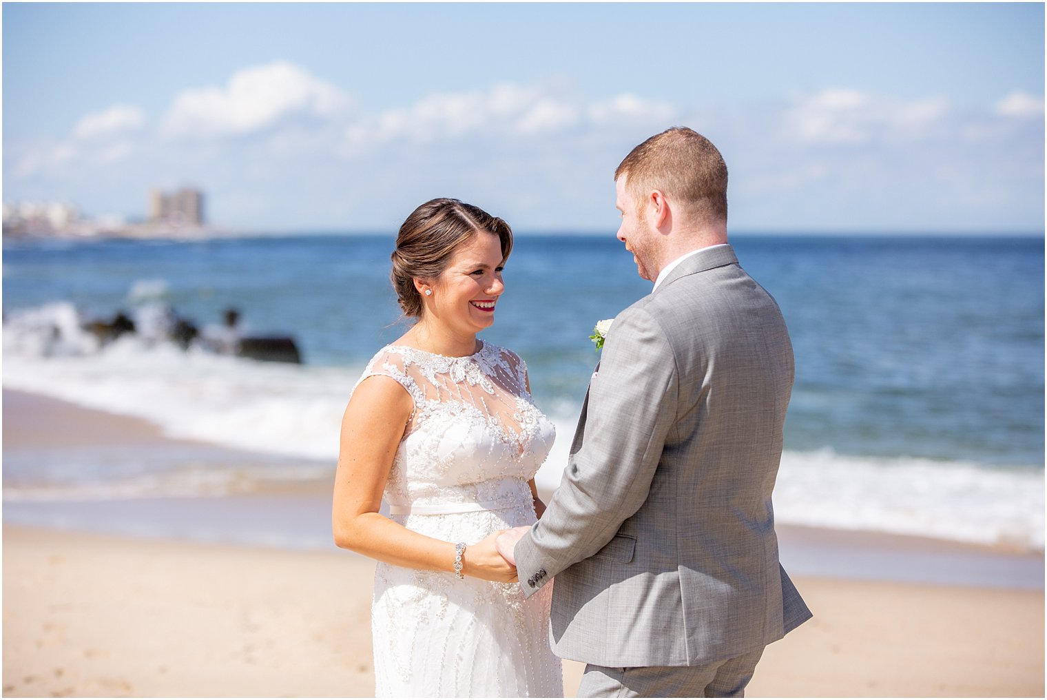 bride and groom first look in Long Branch, NJ shorefront