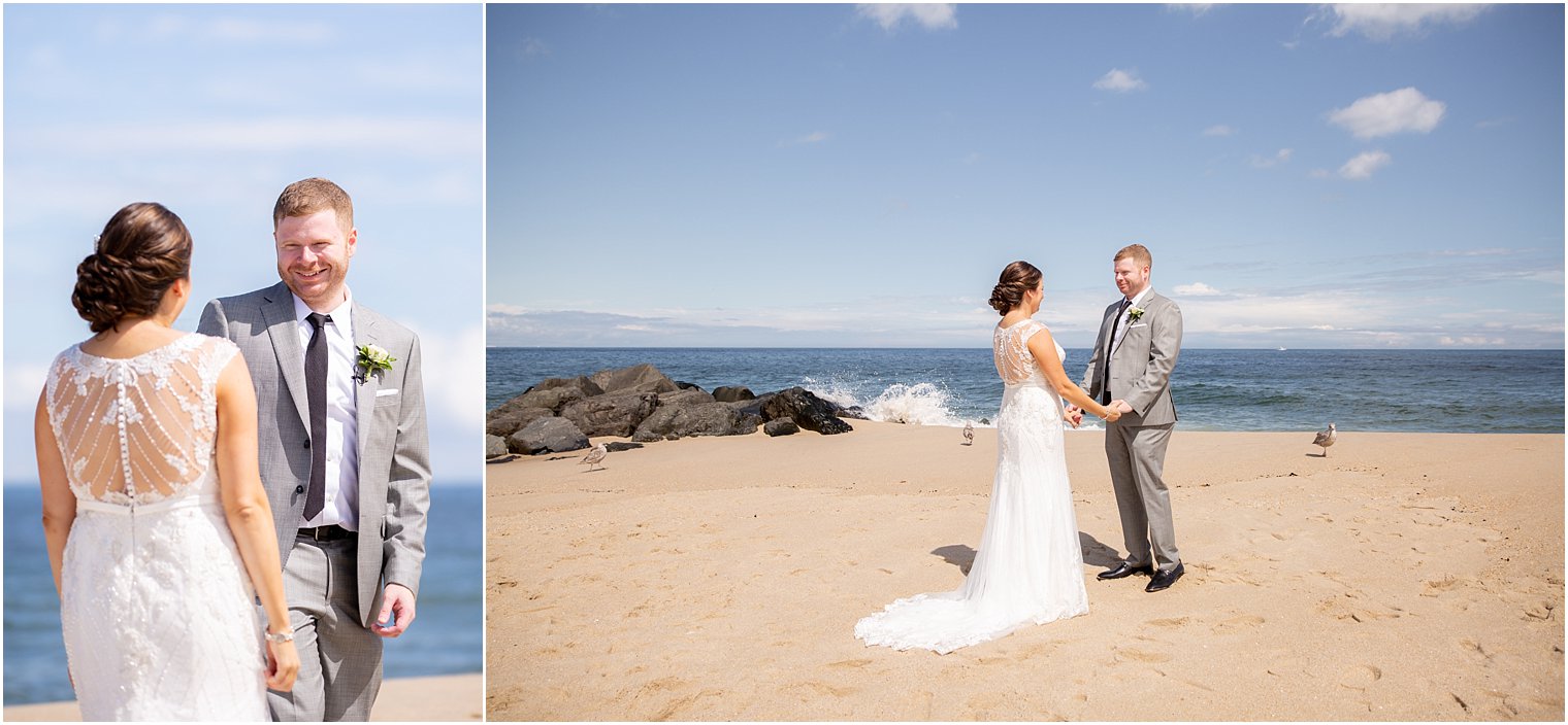 first look on beach photographed by NJ wedding photographer Idalia Photography