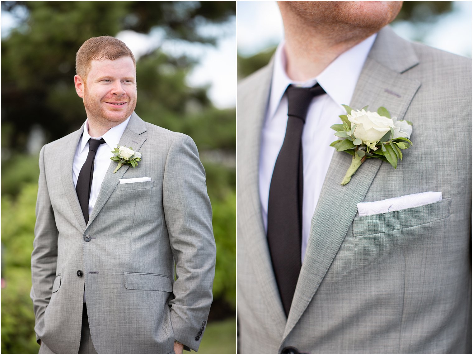 grey Calvin Klein suit with white boutonnière by Flowerful Events