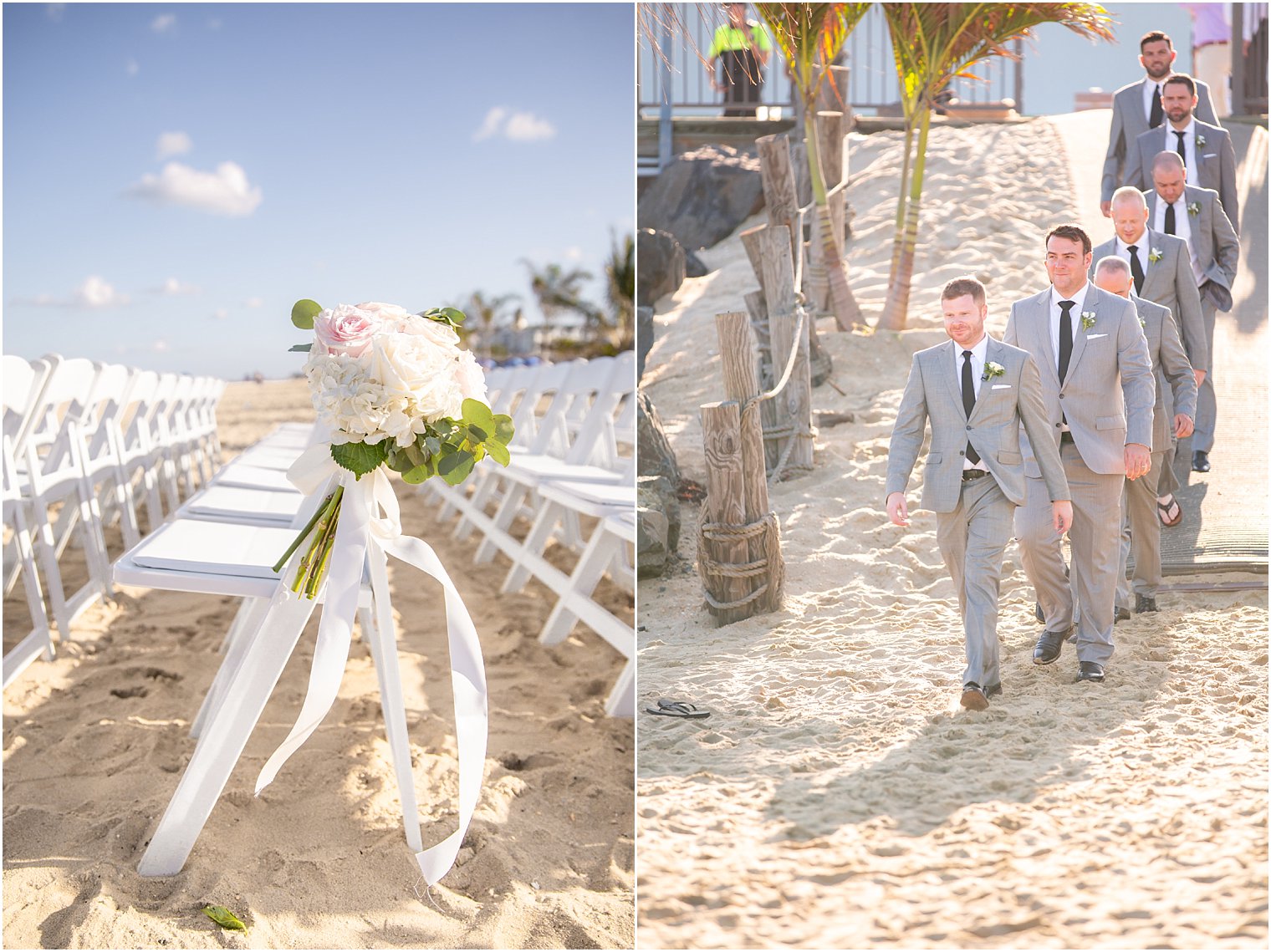beach wedding ceremony decor at Ocean Place Resort and Spa and groomsmen entering ceremony