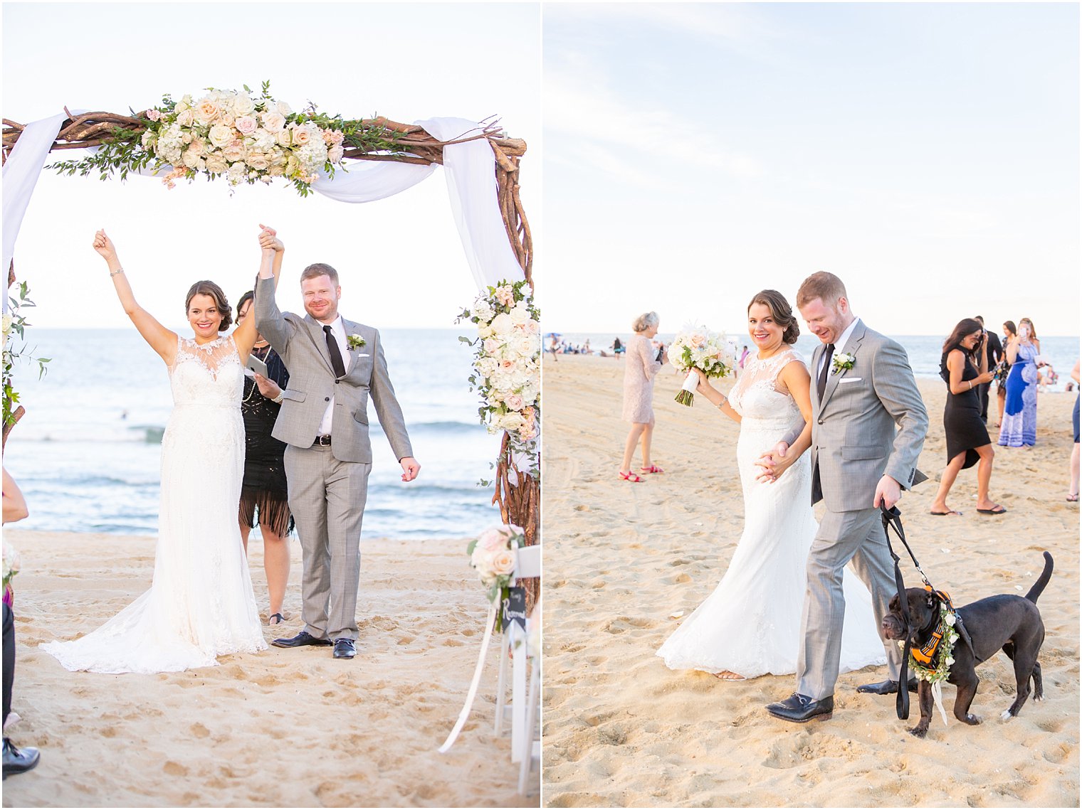 bride and groom walk dog back up the aisle after beachfront wedding ceremony at Ocean Place Resort and Spa