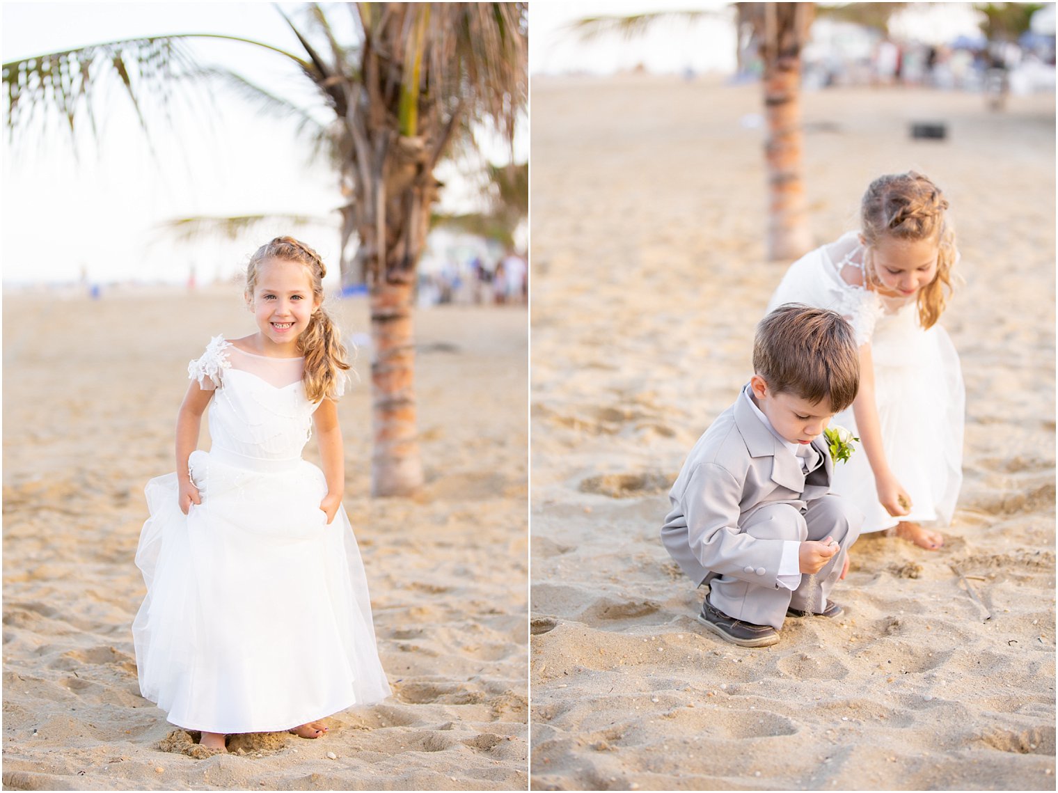 flower girl and ring bearer play in sand after waterfront wedding at Ocean Place Resort and Spa