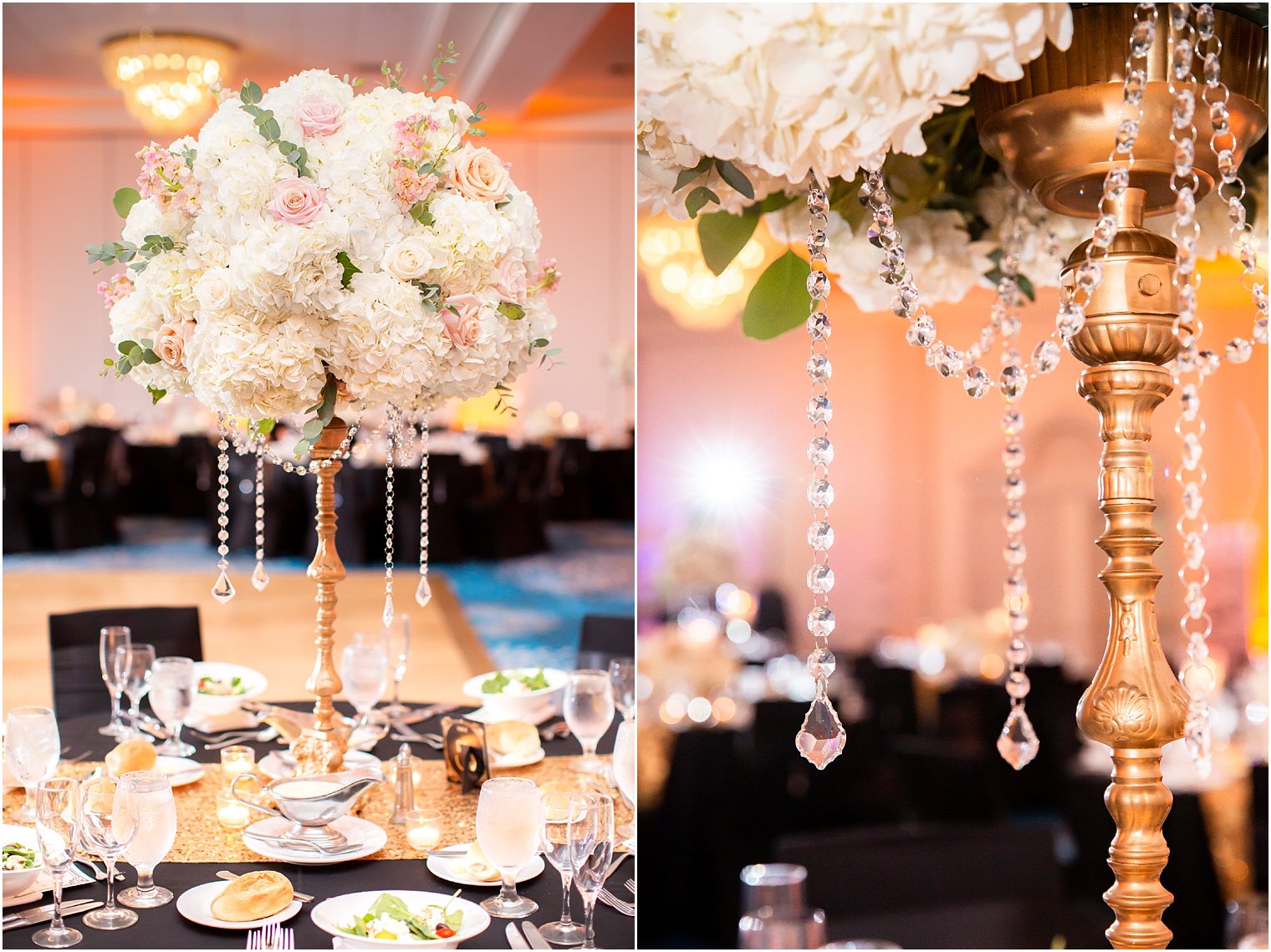tall ivory and pink floral centerpieces with gold vases and dripping diamonds by Flowerful Events