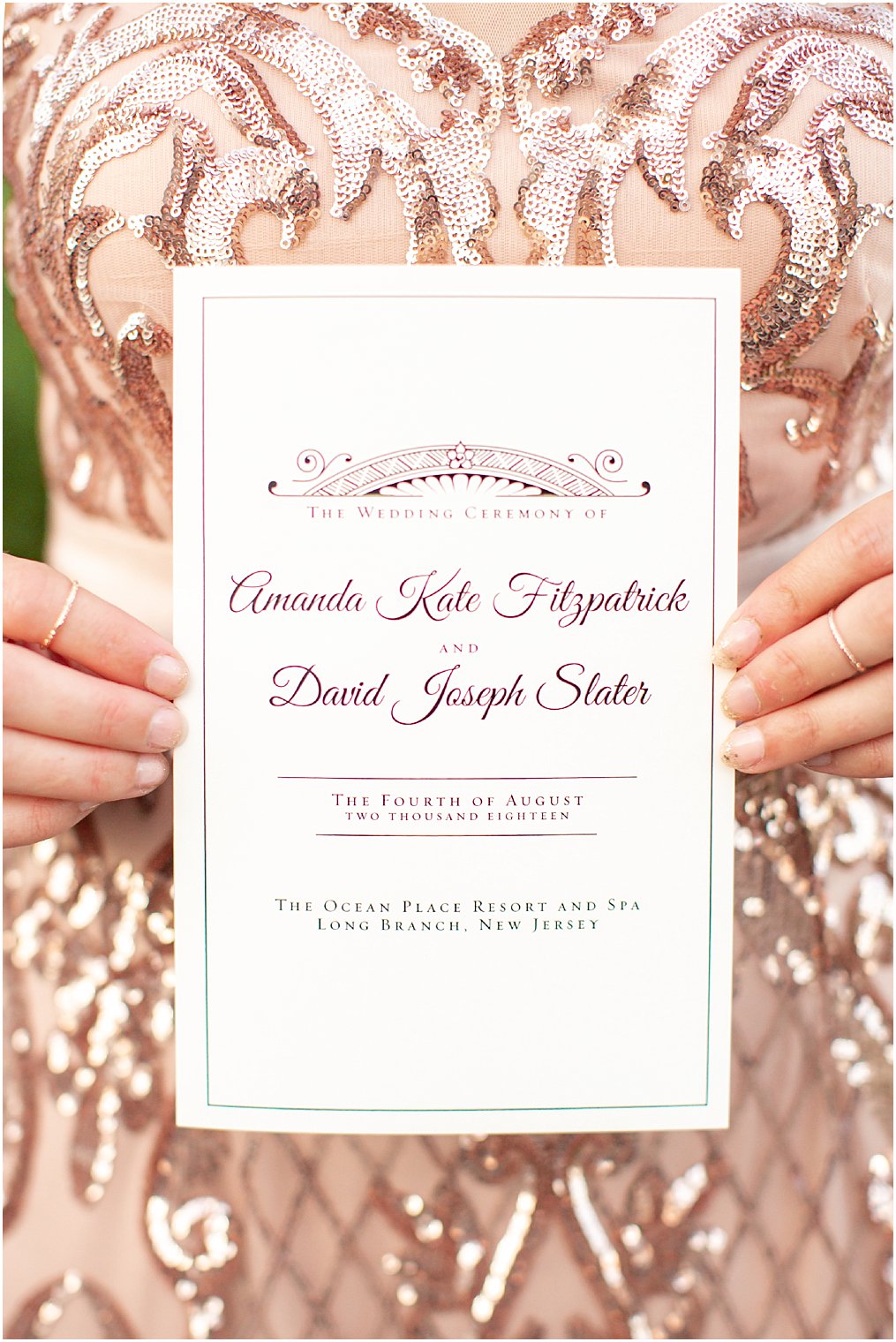 Gatsby inspired wedding program for Ocean Place Resort and Spa wedding by Perfectly Invited