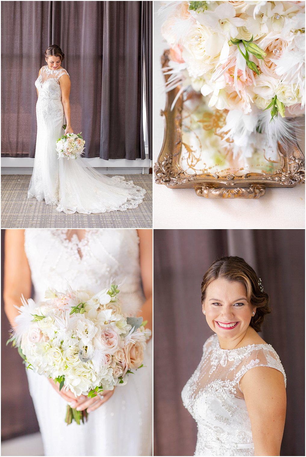 Pale pink, ivory and green wedding bouquet with feather accents by Flowerful Events