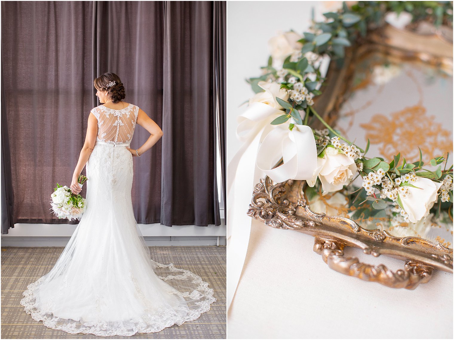 Lace back of Maggie Sottero wedding gown and floral crown by Flowerful Events at Ocean Place Resort and Spa