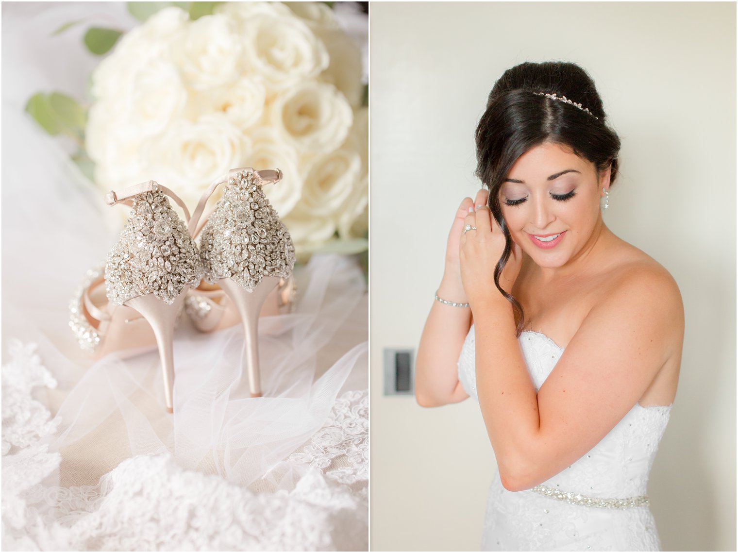classic bridal portrait paired with blush jeweled wedding heels photographed by Idalia Photography